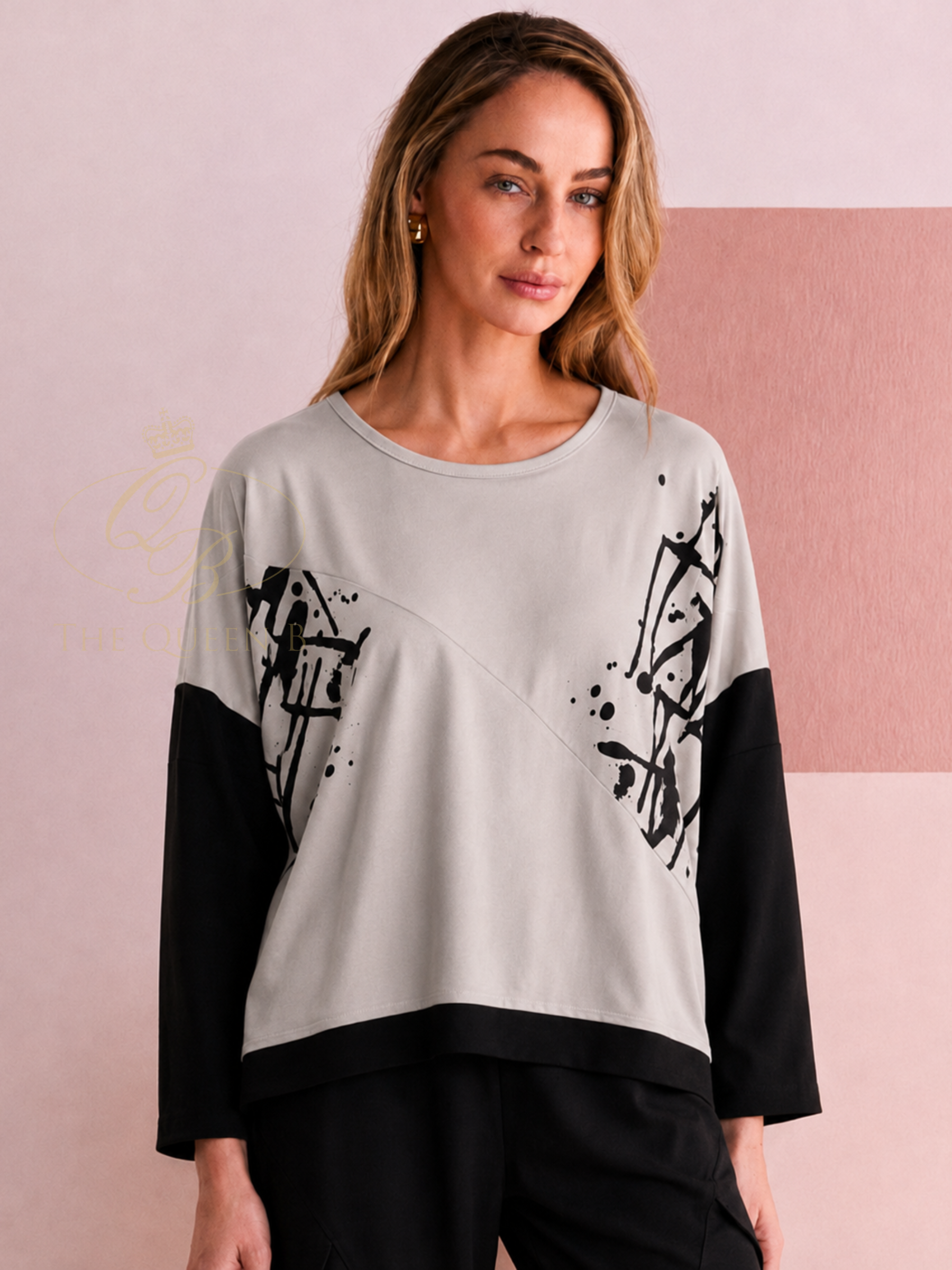 Naya NAW26 140 Placement Print Top with round neckline, contrast sleeves and graphic placement print