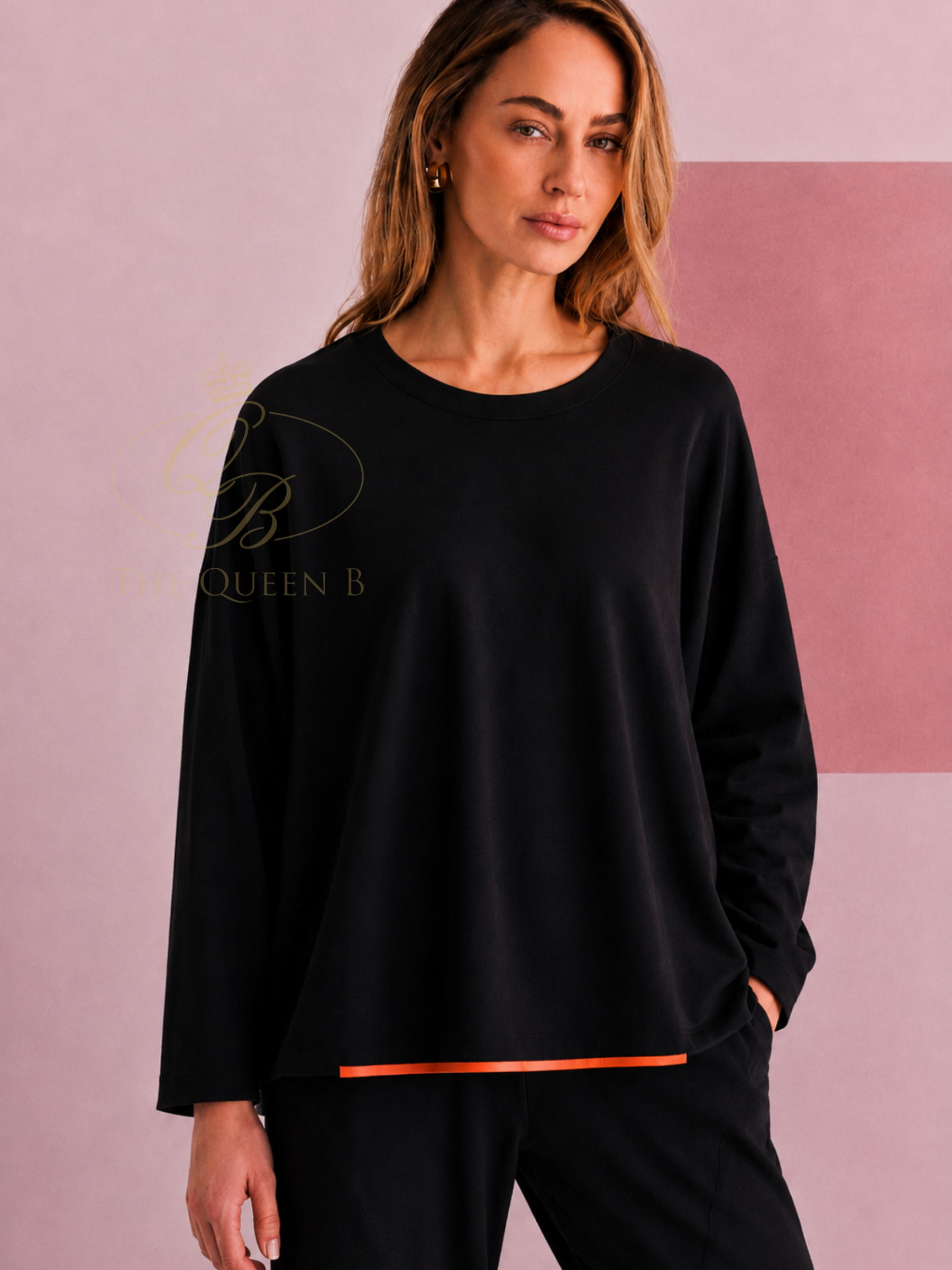 aya NAW26 149 Placement Print Top with round neckline, long sleeves, relaxed fit and contrast hem detail