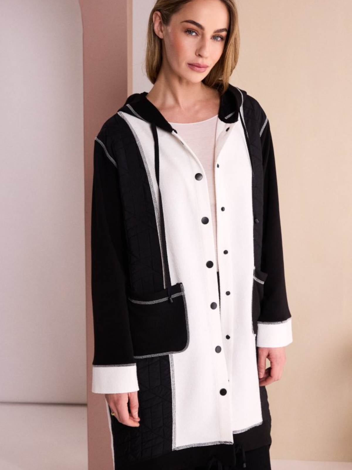 Naya NAW26 151 Two Tone Hooded Coat with hood, button front, patch pockets and contrast panel detail