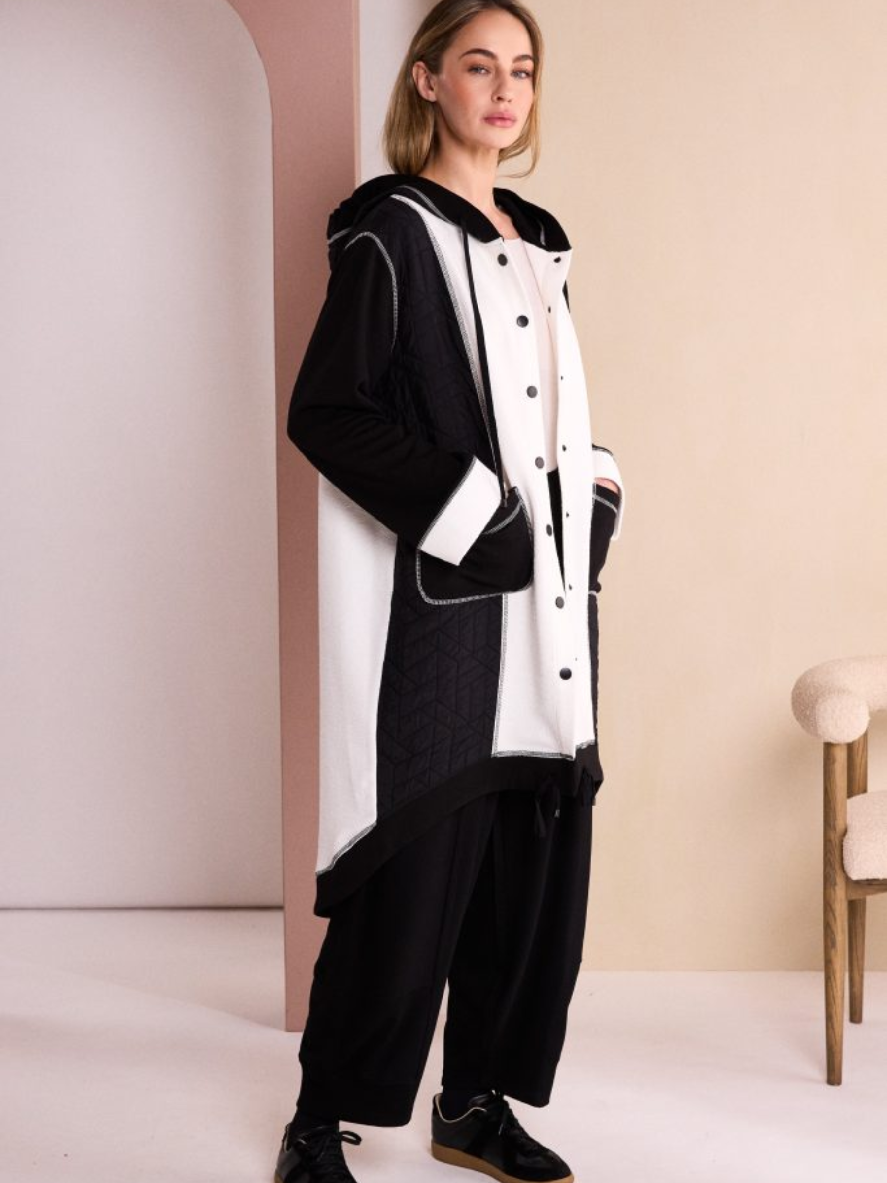Naya NAW26 151 Two Tone Hooded Coat with hood, button front, patch pockets and contrast panel detail