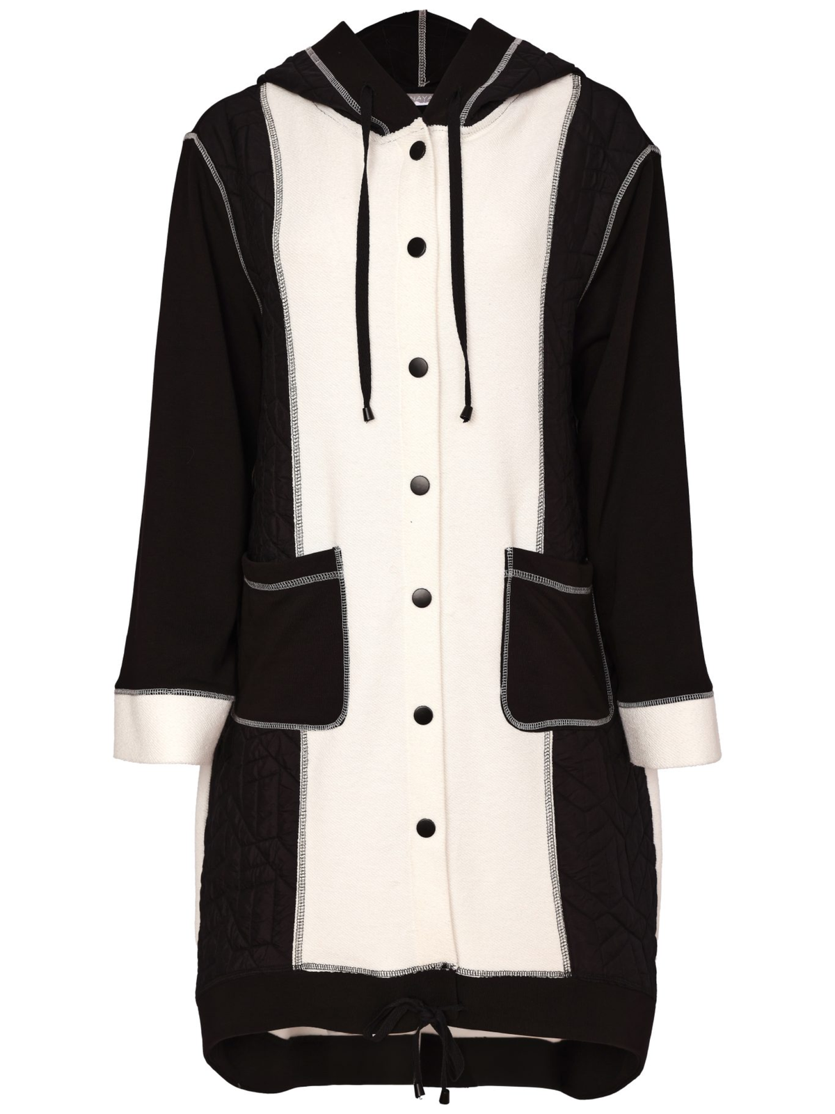 Naya NAW26 151 Two Tone Hooded Coat with hood, button front, patch pockets and contrast panel detail