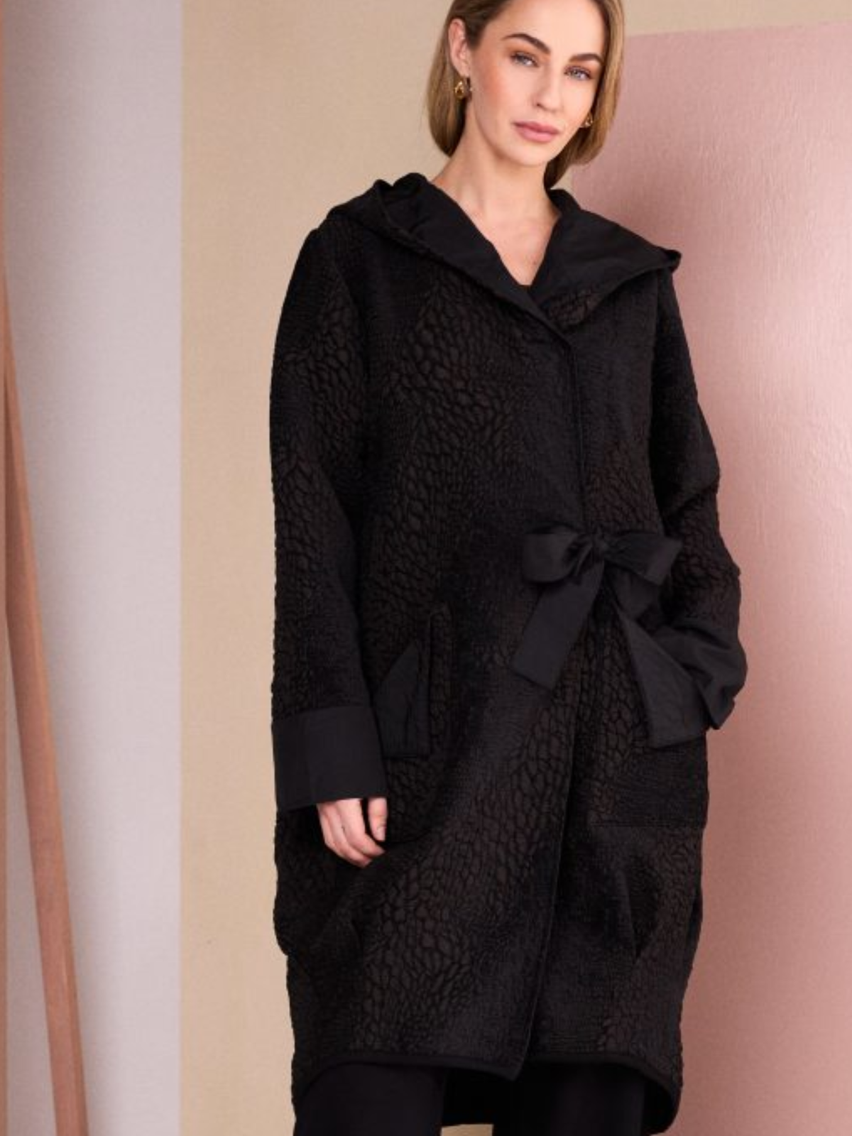 Naya NAW26 161 Jaquard Section Coat with hood, tie-front fastening, pockets and textured longline finish