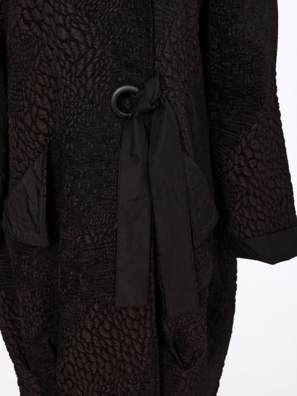 Naya NAW26 161 Jaquard Section Coat with hood, tie-front fastening, pockets and textured longline finish