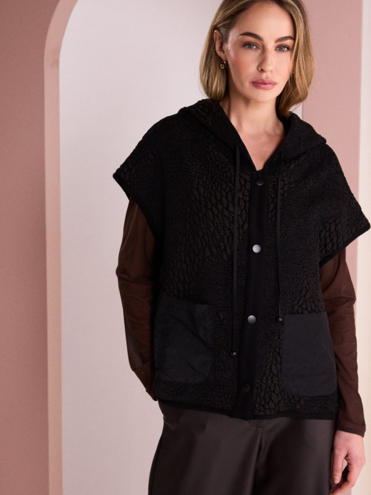 Naya NAW26 162 Jacquard Hooded Waistcoat with button front, drawstring hood and contrast patch pockets