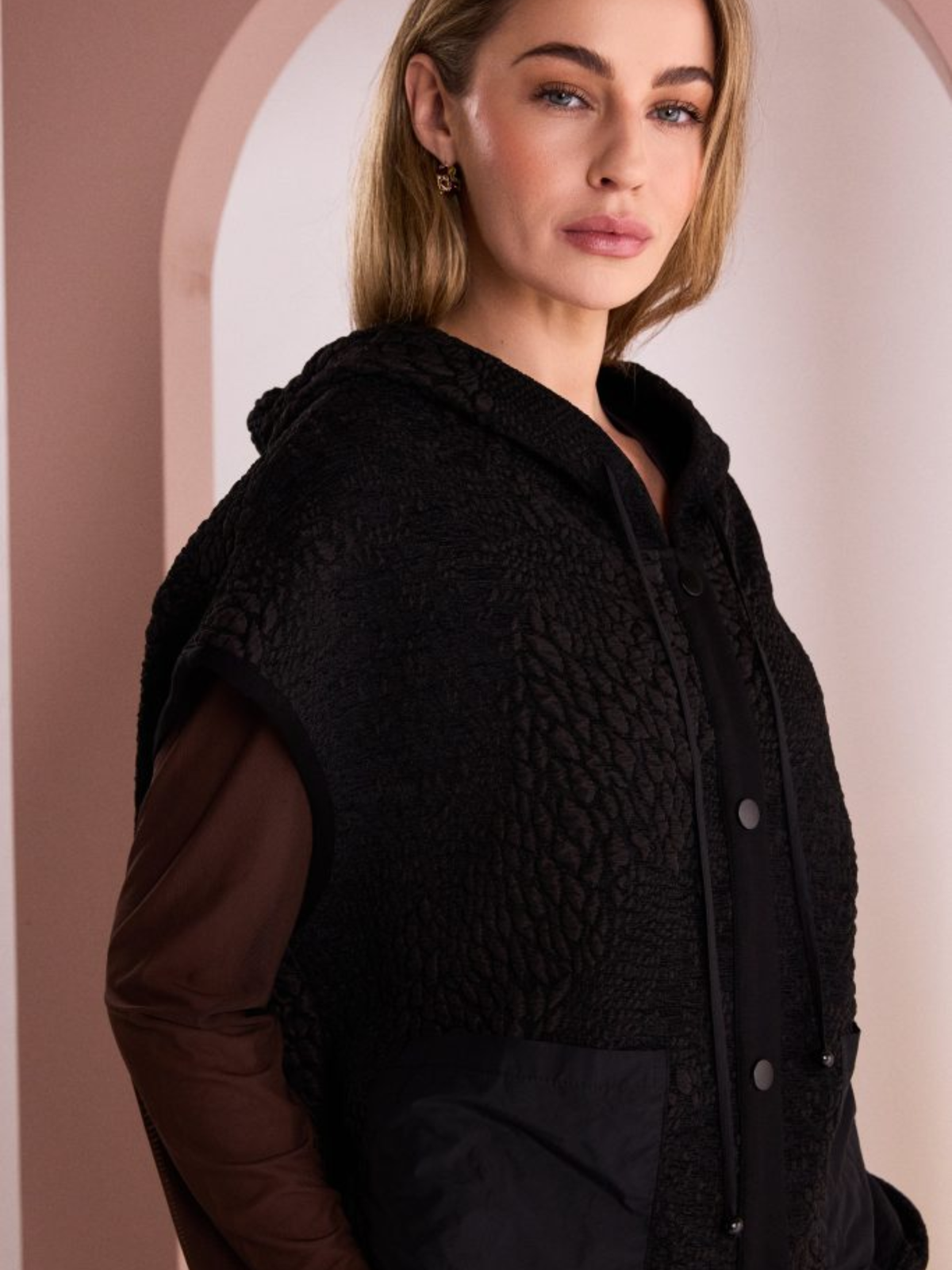 Naya NAW26 162 Jacquard Hooded Waistcoat with button front, drawstring hood and contrast patch pockets