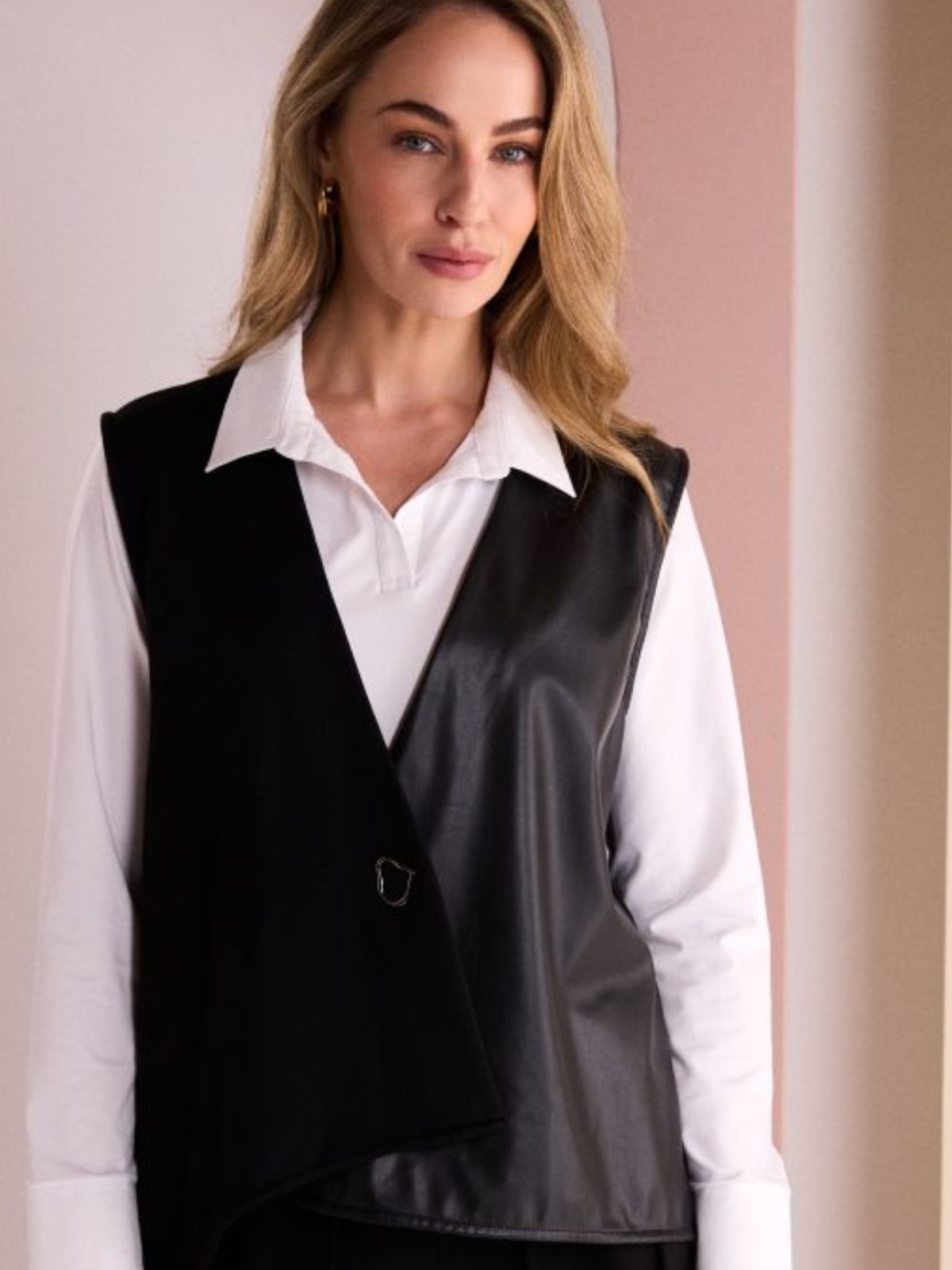 Naya NAW26 186 Leatherette Panel Waistcoat with asymmetric front, ring detail and contrast fabric panel