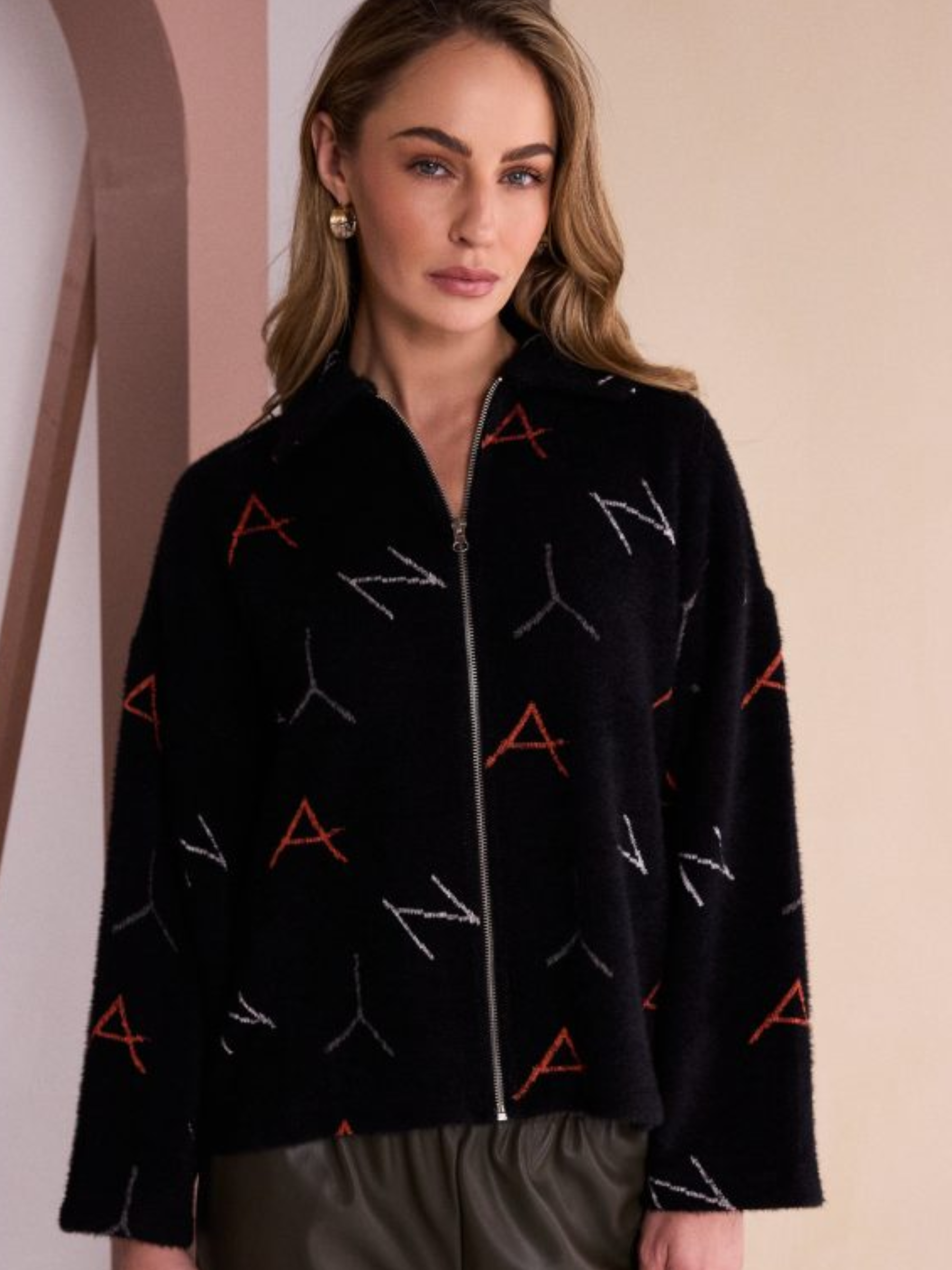 Naya NAW26 226 Hooded Knit Print Jacquard Jacket with zip front, hood and all-over letter print