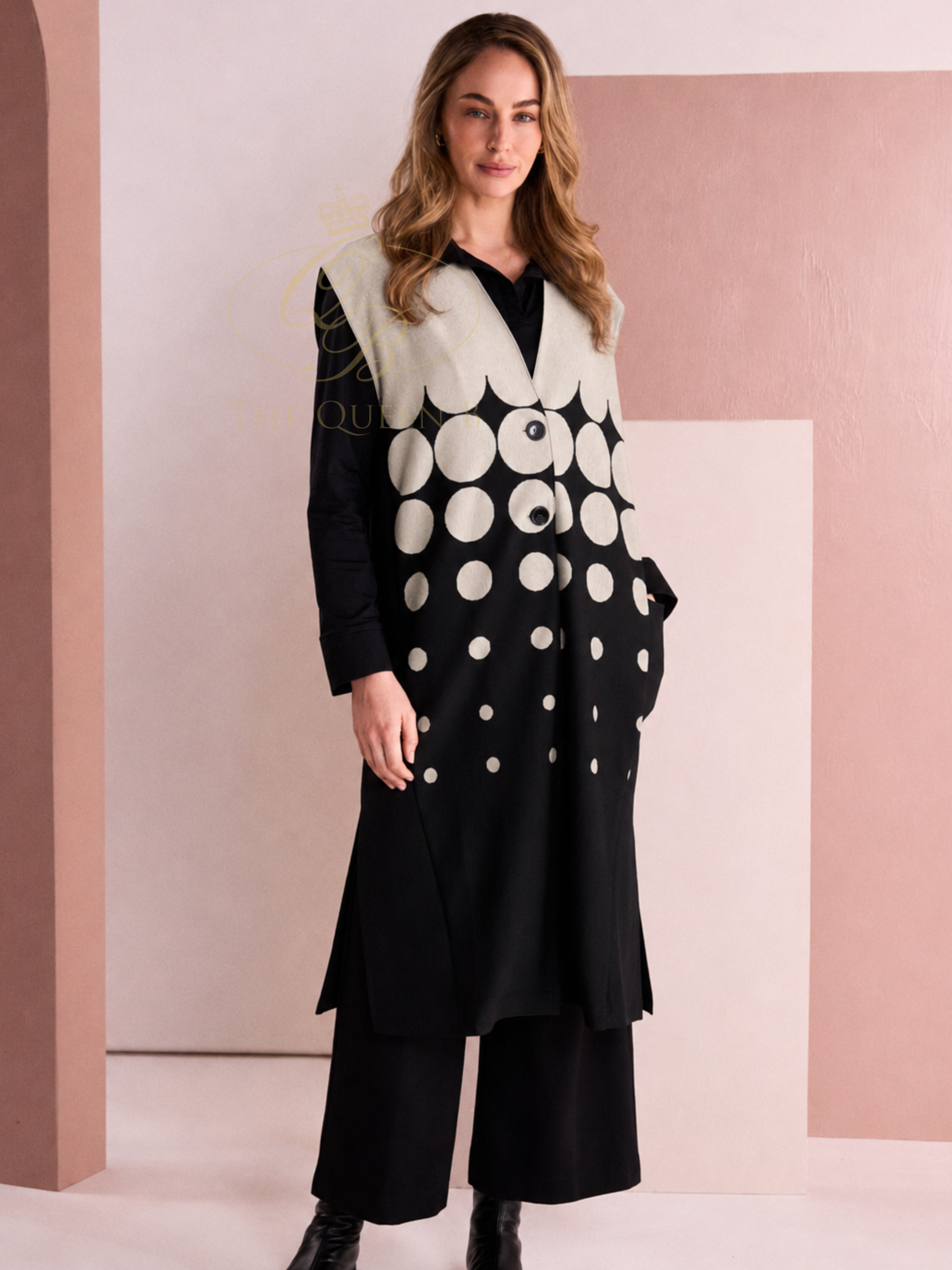 Naya NAW26 267 Spot Border Print Waistcoat with longline fit, V-neckline, button fastening and spot border print