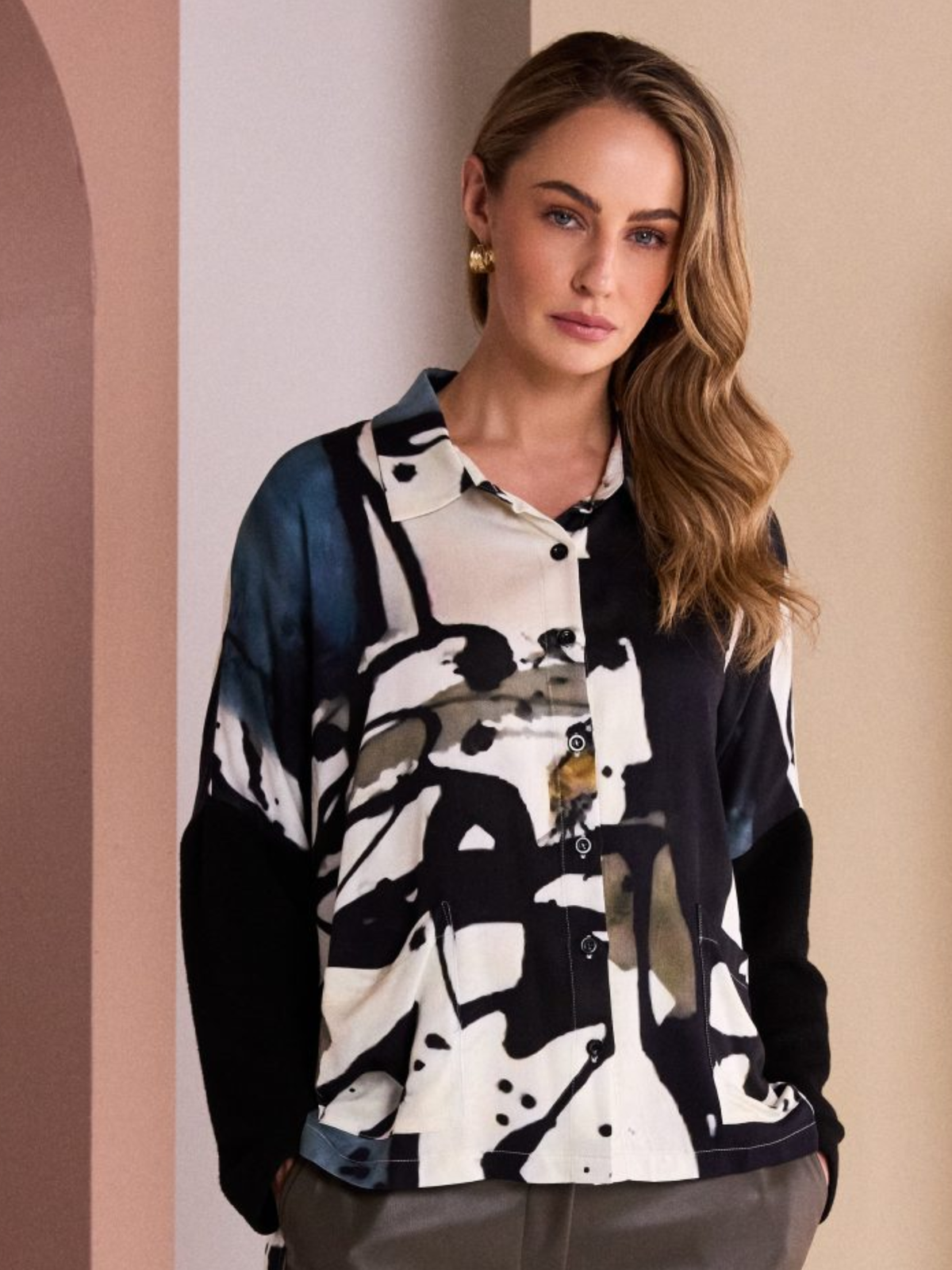 Naya NAW26 320 Print Button Through Shirt with abstract placement print, classic collar and contrast sleeve detail