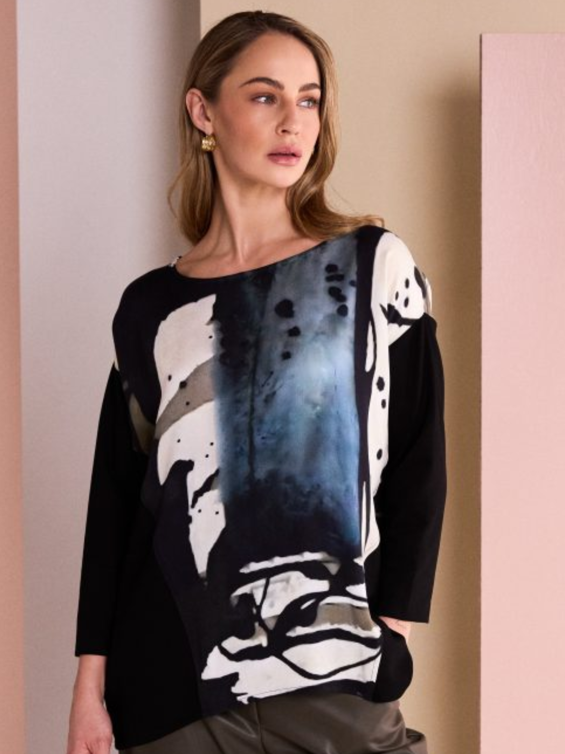 Naya NAW26 321 Print Round Neck Top with relaxed fit, round neckline and abstract placement print