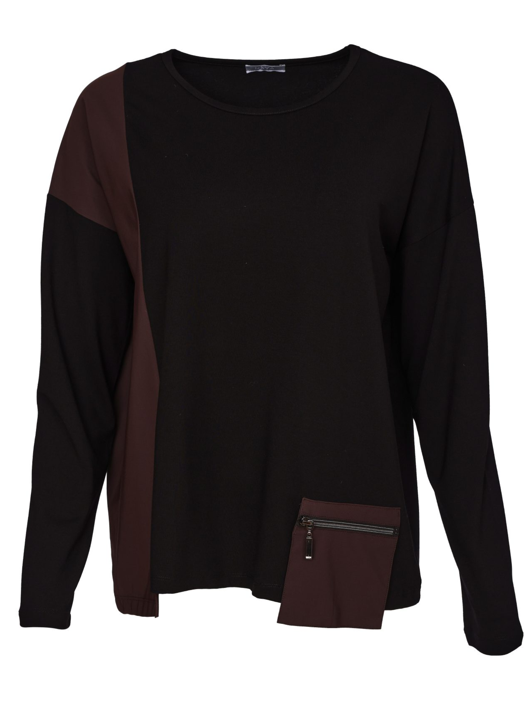 Naya NAW26 352 Round Neck Top with relaxed fit, round neckline, contrast side panel and zip pocket detail