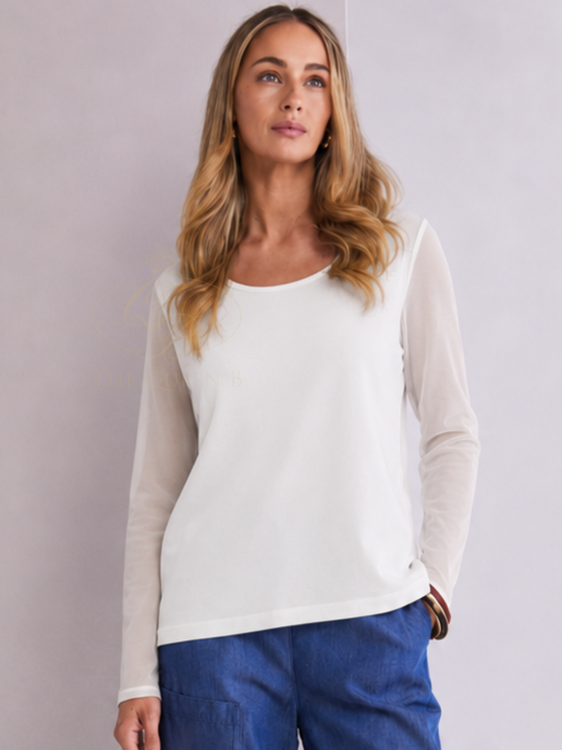 Naya NPA26 106 Round Neck & Mesh Sleeve Jersey Top with round neckline, long mesh sleeves and jersey body