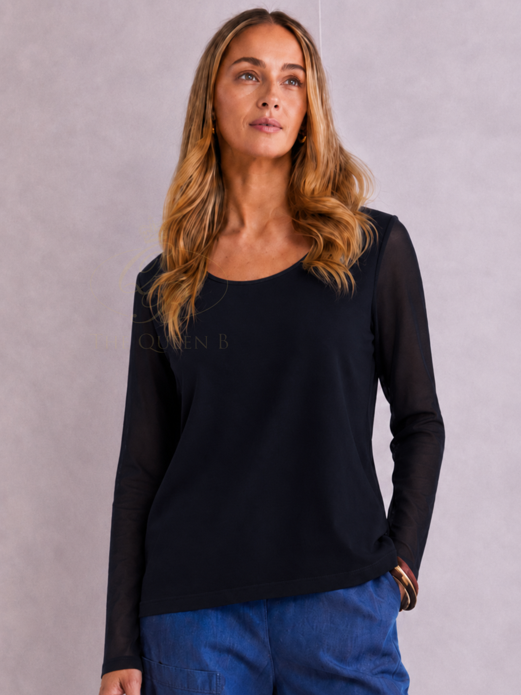 Naya NPA26 106 Round Neck & Mesh Sleeve Jersey Top with round neckline, long mesh sleeves and jersey body