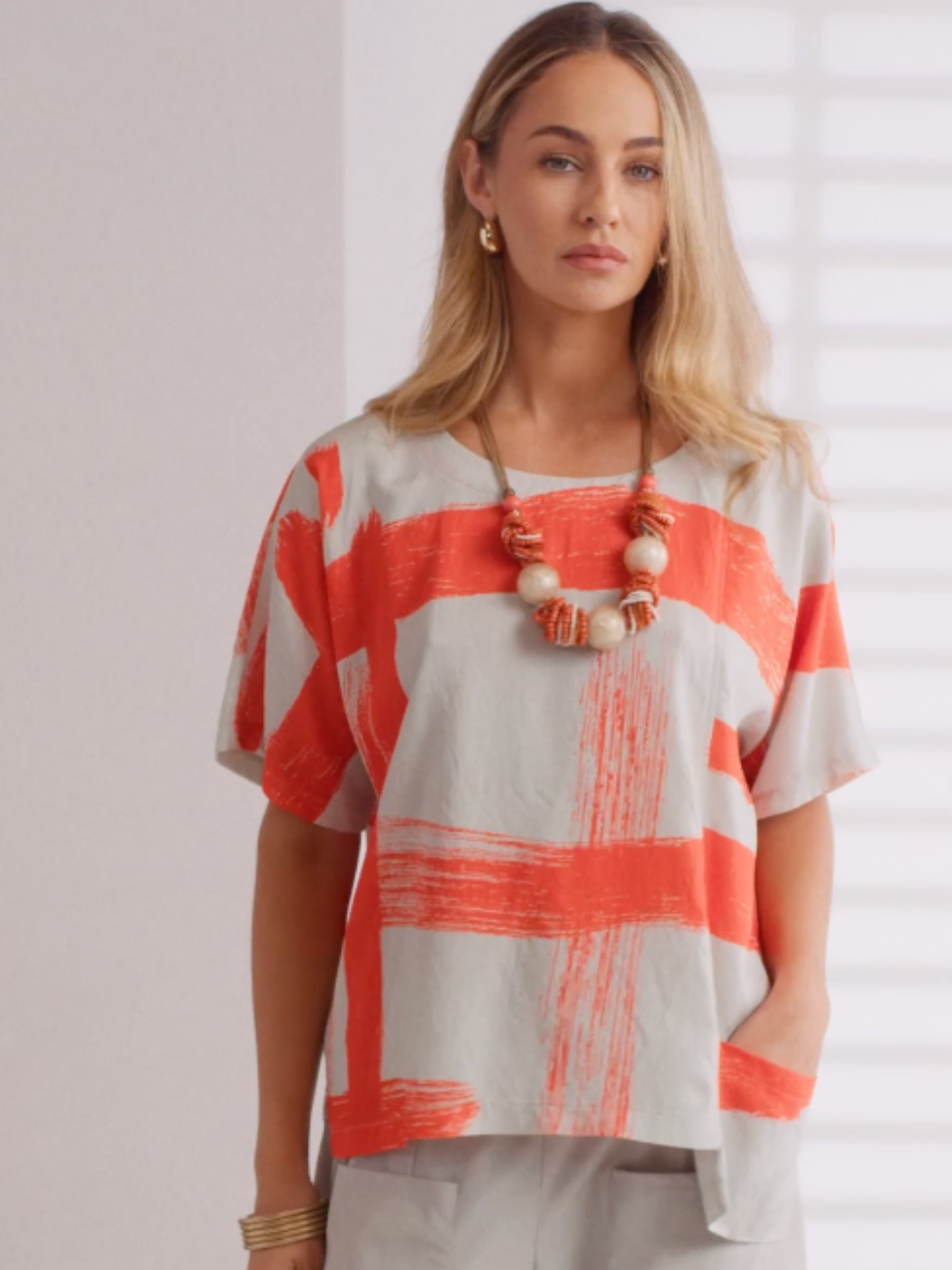 Naya NPA26 122 Round Neck Paintwork Print Square Top with round neckline, short sleeves and relaxed square shape