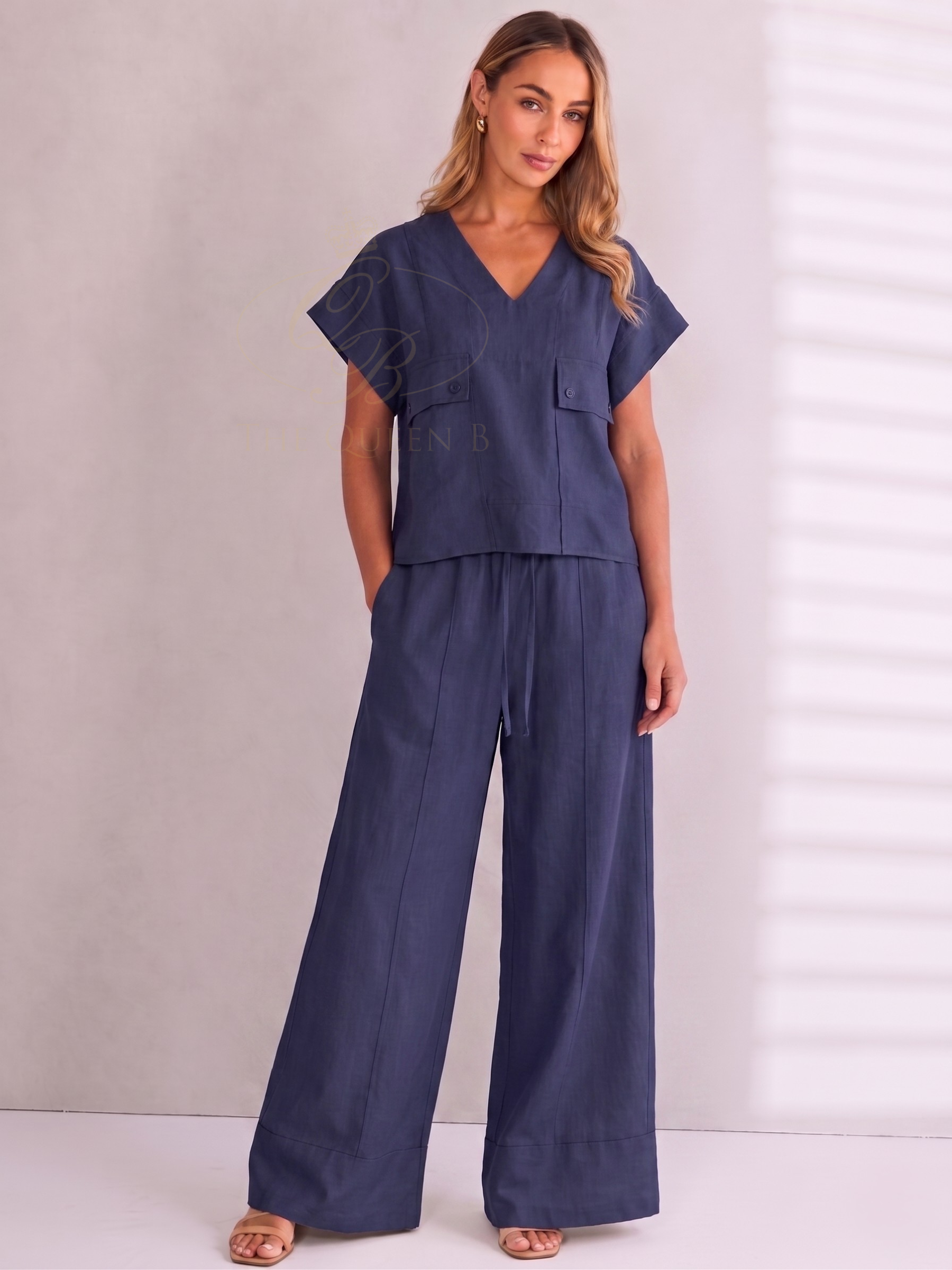 Naya NPA26 128 Soft Pull Up Trouser with drawstring waist, wide leg shape, side pockets and soft drape