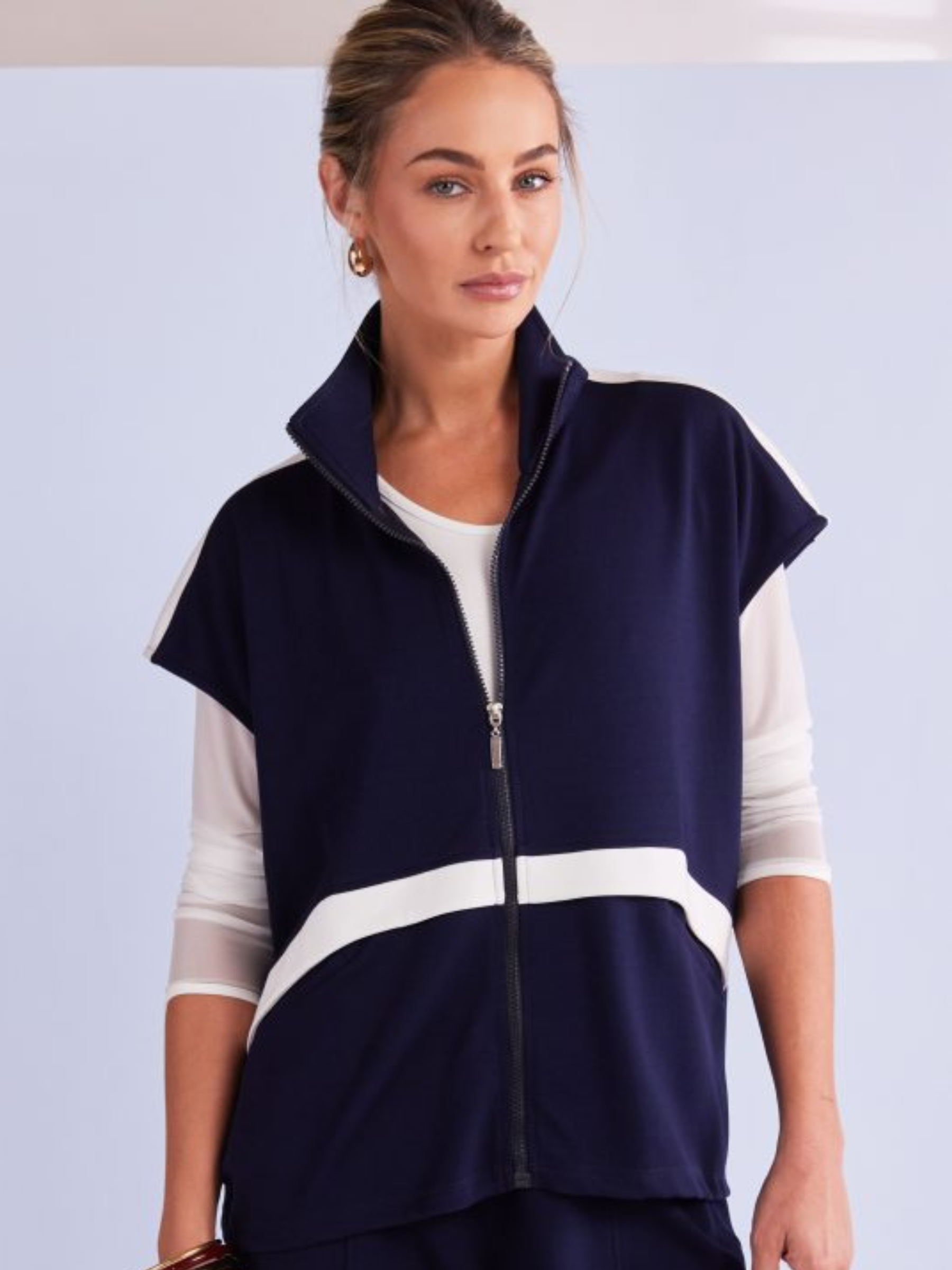 Naya NPA26 195 High Neck Zip Top with zip front, high neckline, short sleeves and contrast panel detail