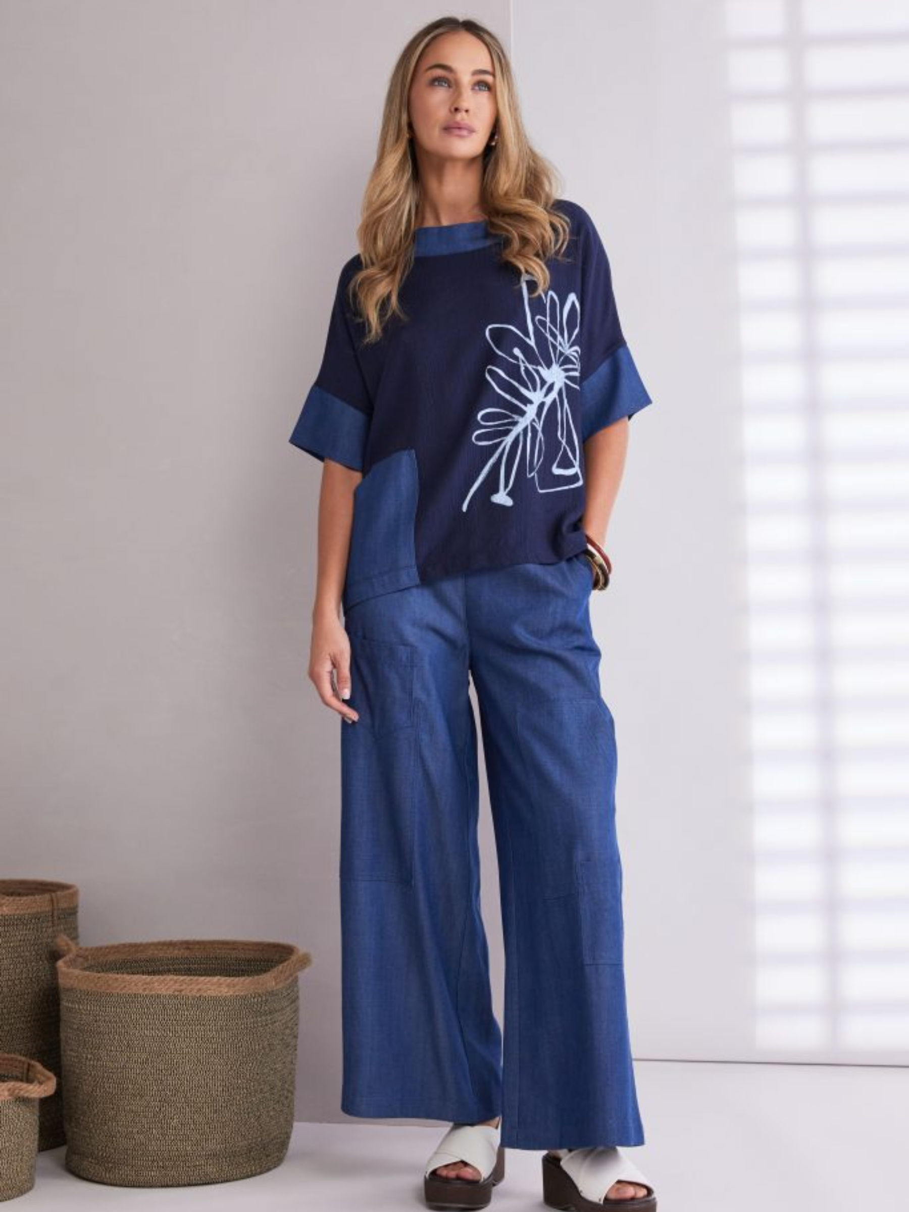 Naya NPA26 273 Placement Print Top with rolled neckline, short sleeves, contrast panels and placement print