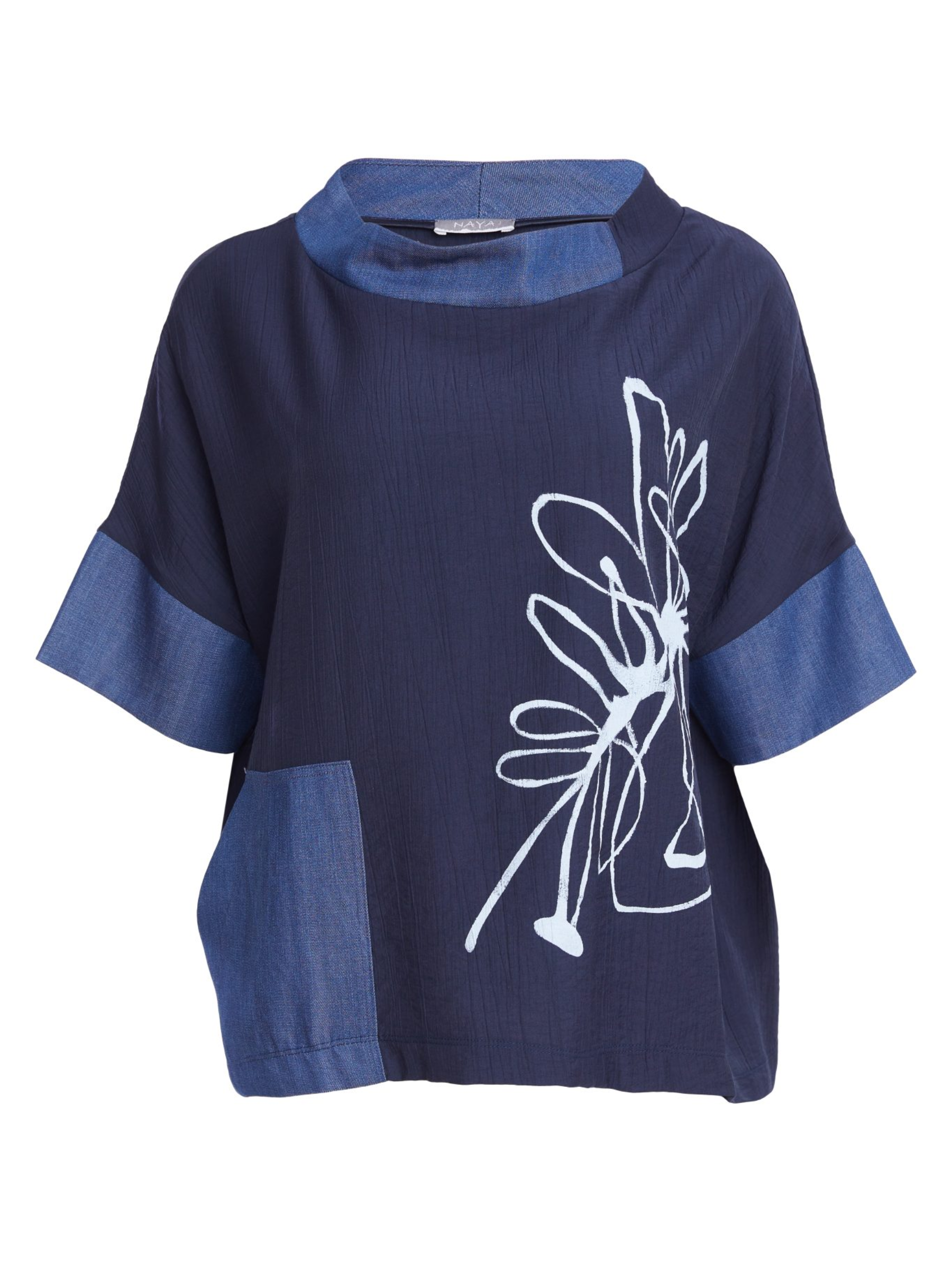 Naya NPA26 273 Placement Print Top with rolled neckline, short sleeves, contrast panels and placement print