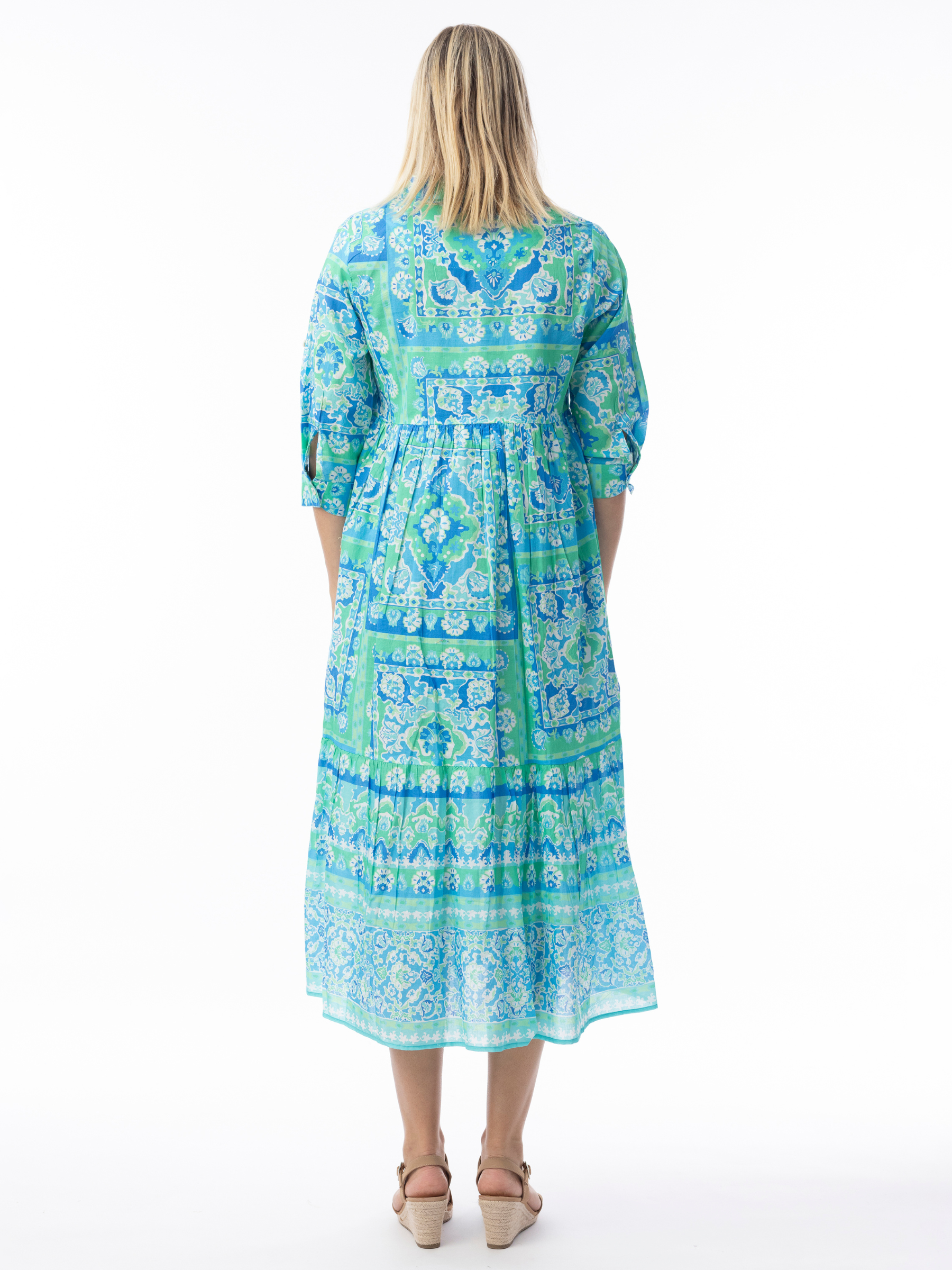 Orientique 10072 Montevideo Dress printed midi dress with shirt collar, button bodice and three-quarter sleeves.