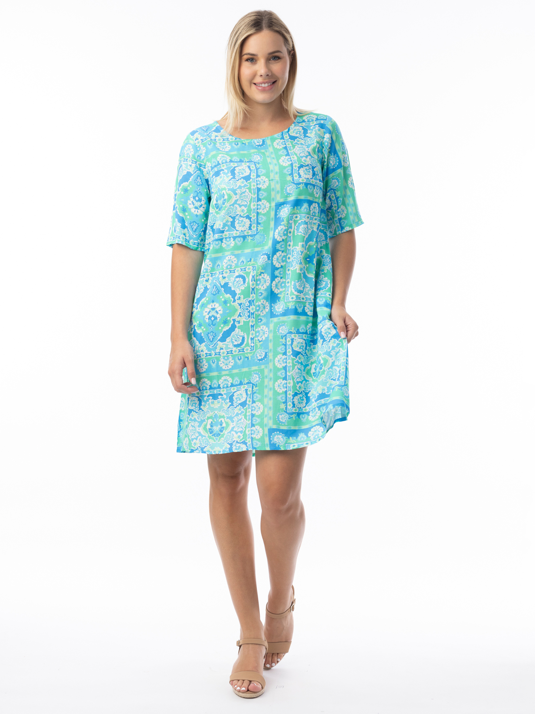 Orientique 10073 Montevideo Contemporary Dress relaxed-fit printed knee-length shift dress with round neckline and elbow-length sleeves.