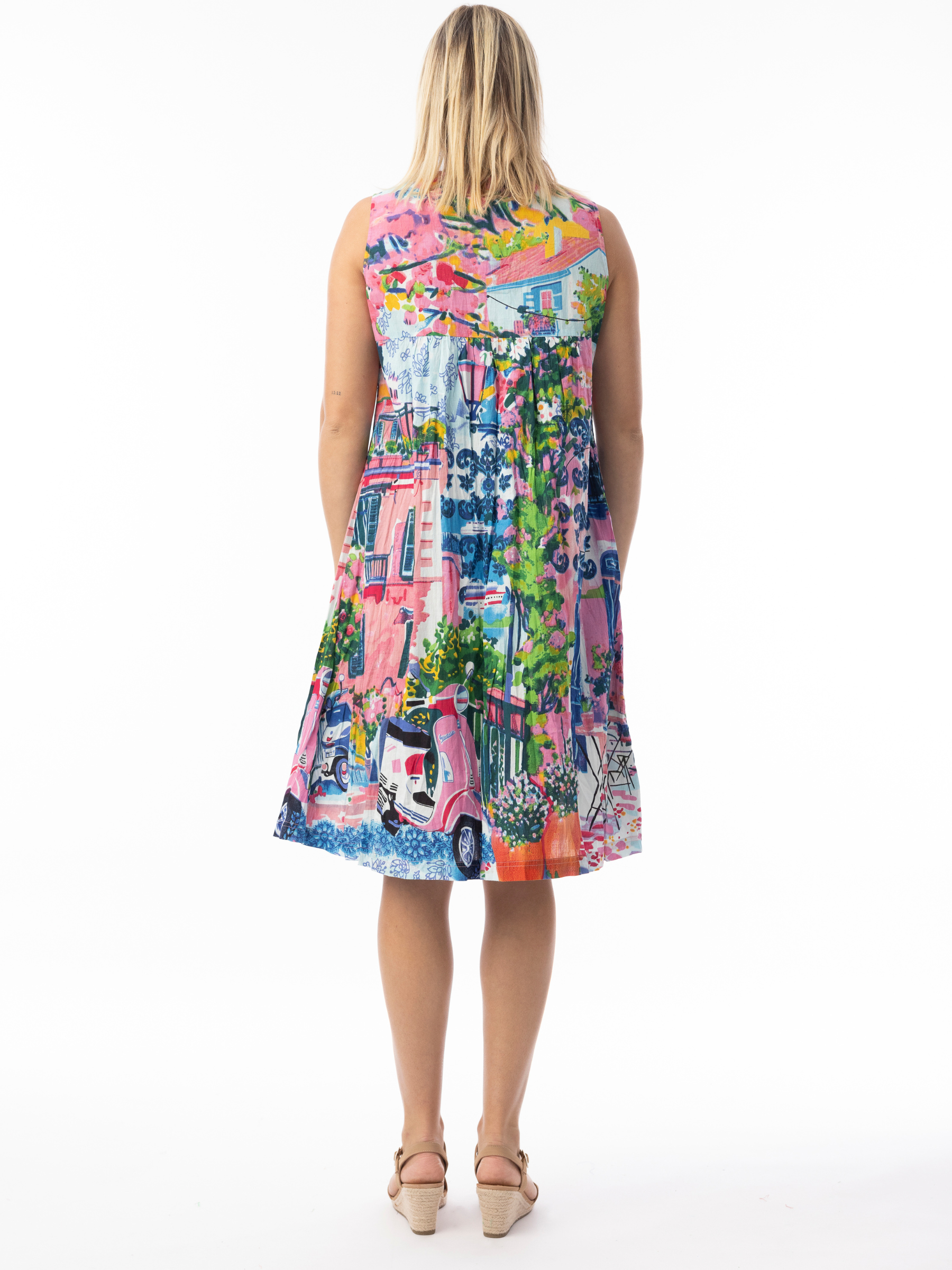 Orientique 20155S Pleated Dress multicolour printed sleeveless A-line dress with V-neckline and front pleat detail.