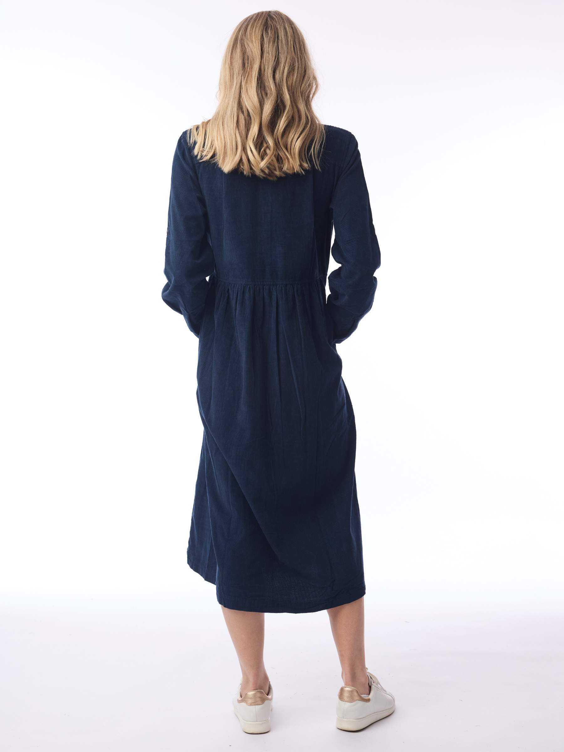 Orientique 21484 Cord Solid Dress with collared neckline, button front, long sleeves and midi length