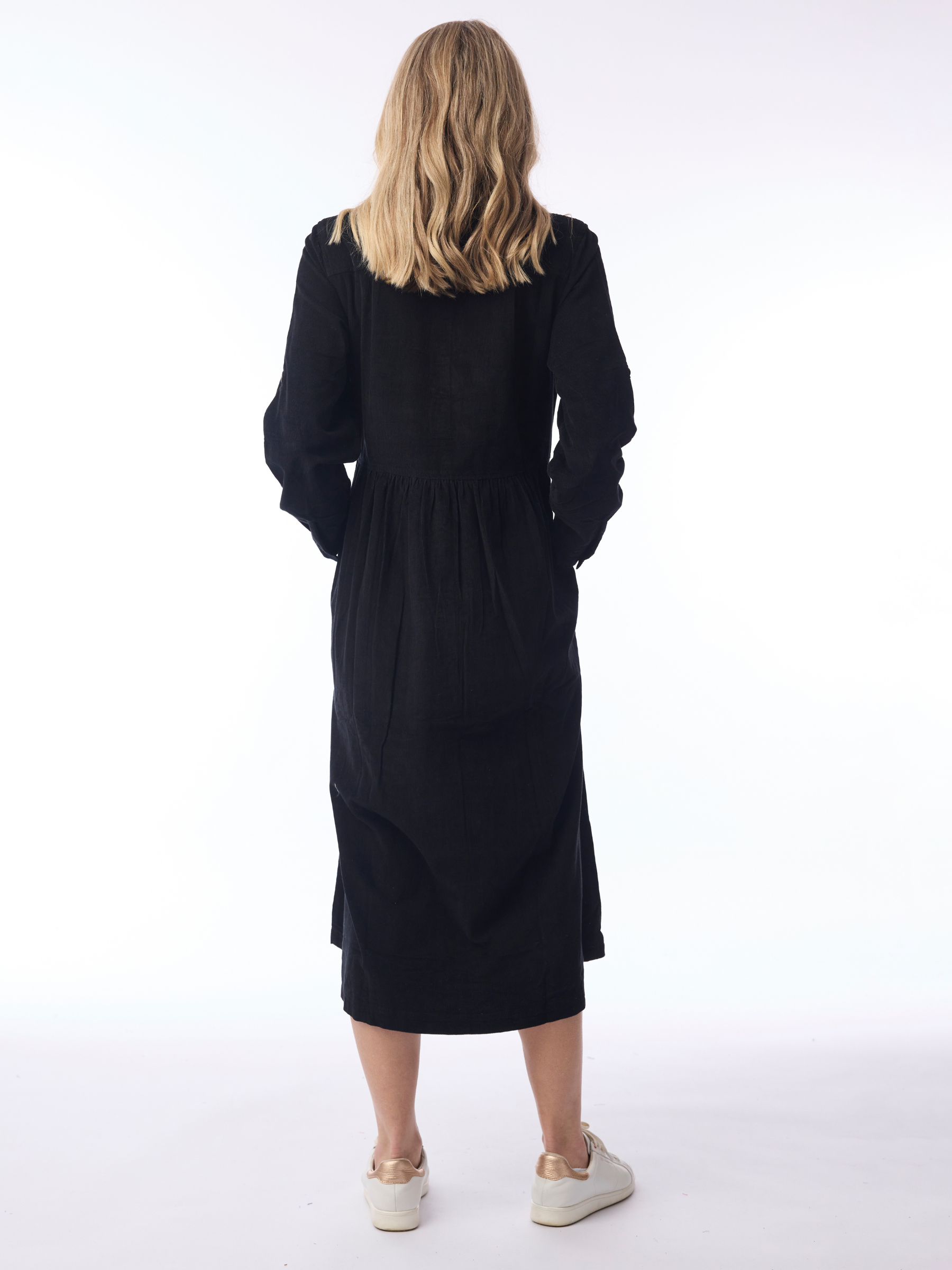 Orientique 21484 Cord Solid Dress with collared neckline, button front, long sleeves and midi length