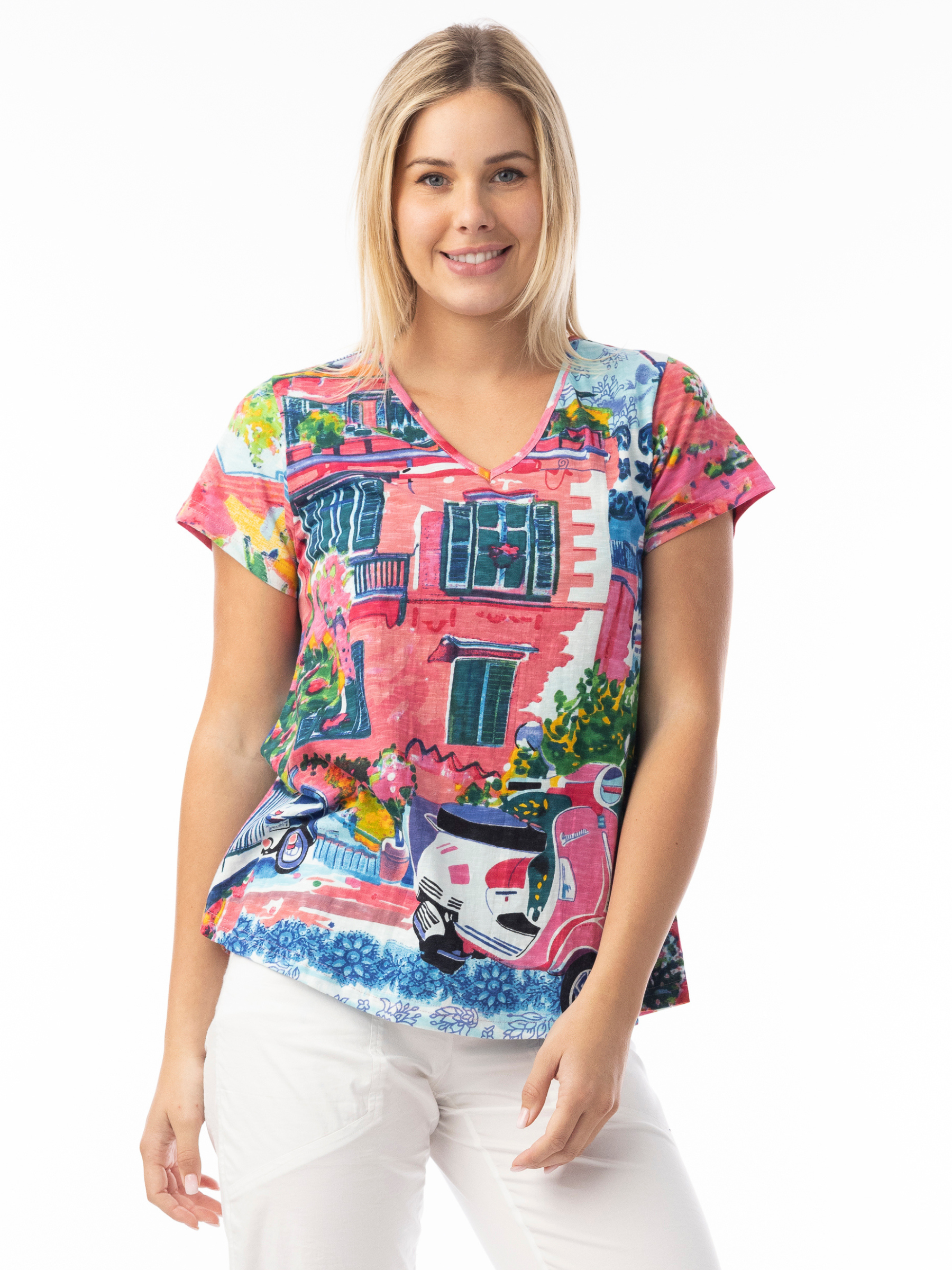 Orientique 23098S Contemporary T-Shirt women’s multicolour printed short sleeve top with V-neckline.