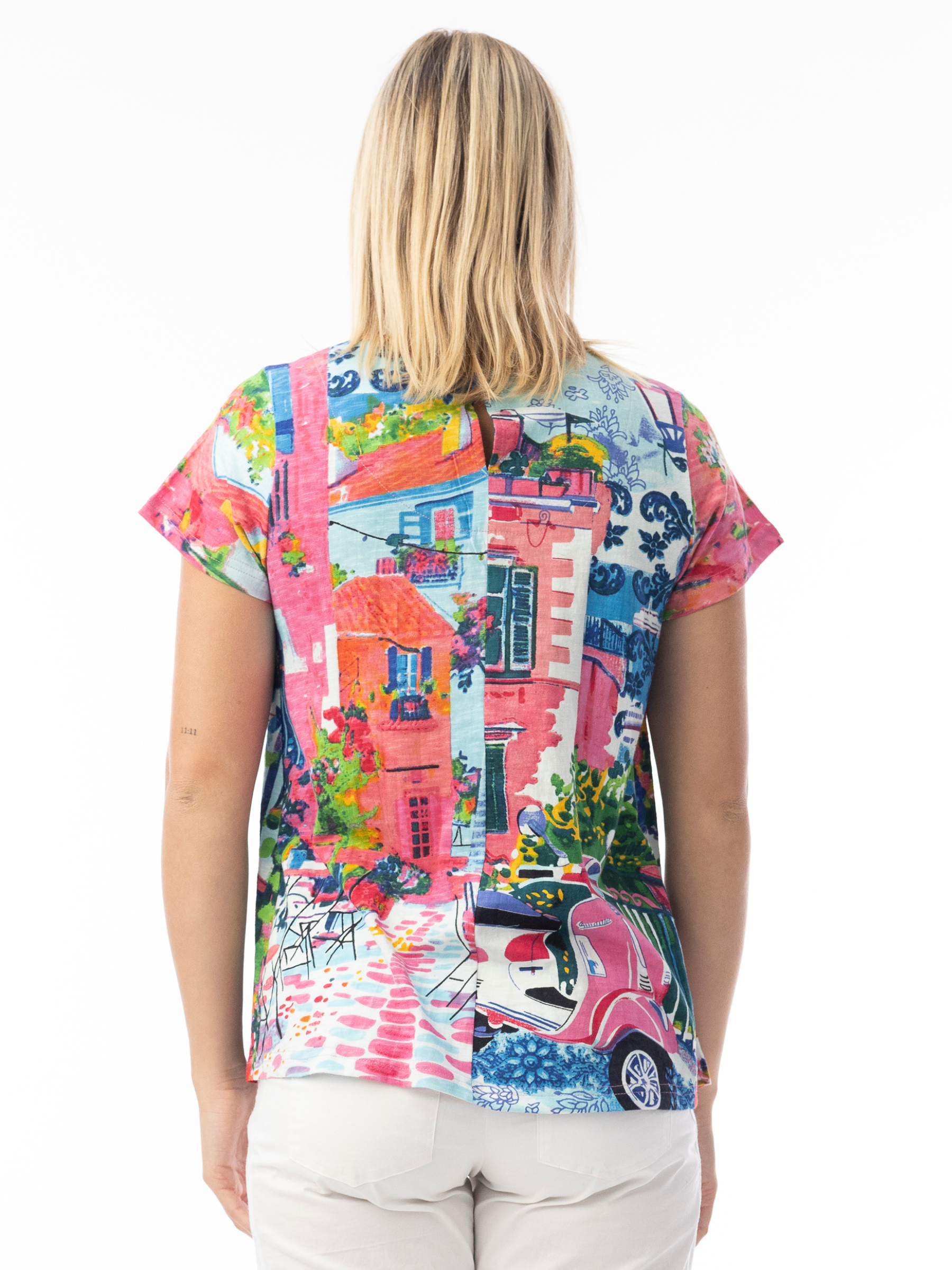 Orientique 23098S Contemporary T-Shirt women’s multicolour printed short sleeve top with V-neckline.
