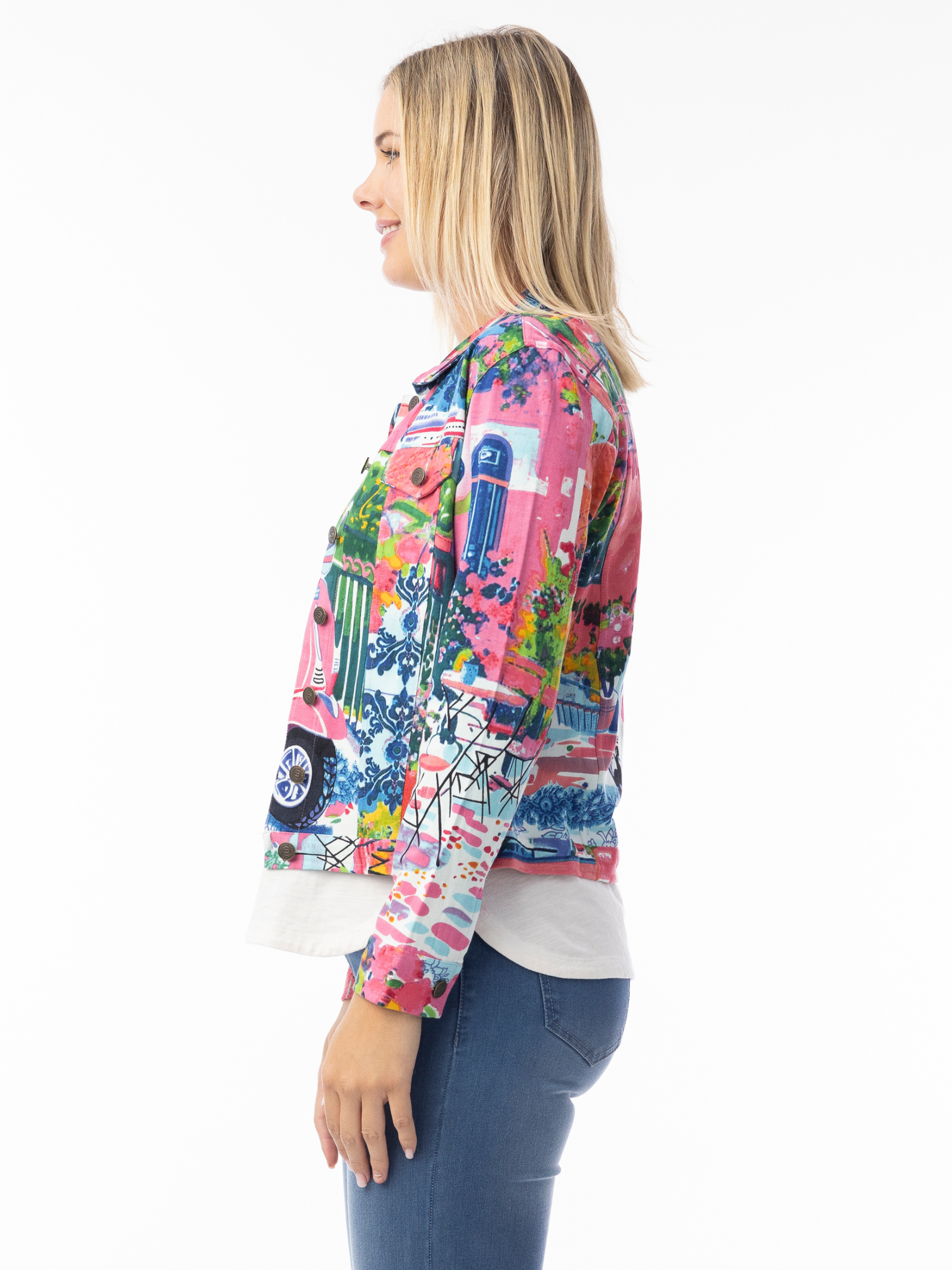 Orientique 23101S Ponte Jacket women’s multicolour printed fitted jacket with collar neckline and button front.