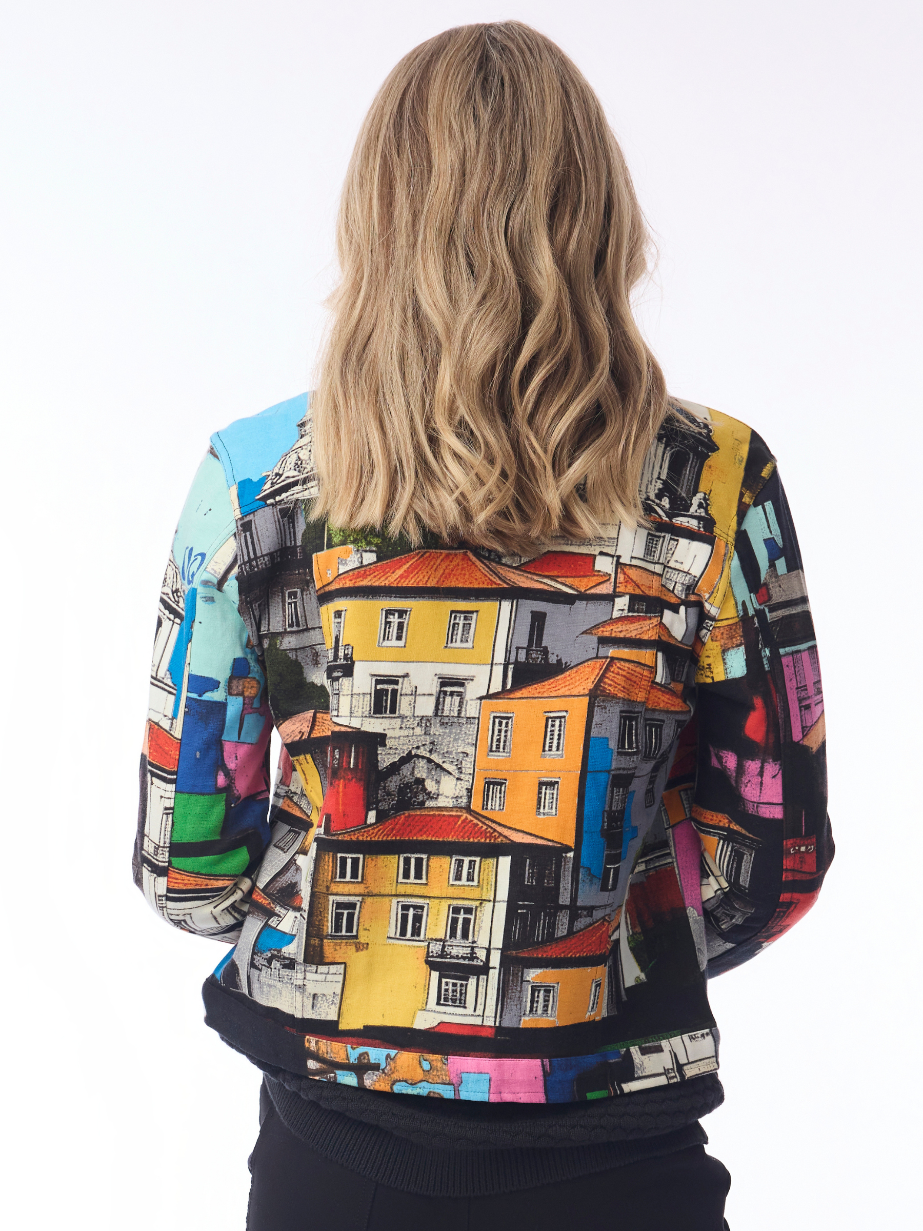 Orientique 23145 Biker Jacket with collared neckline, button front, long sleeves and scenic print
