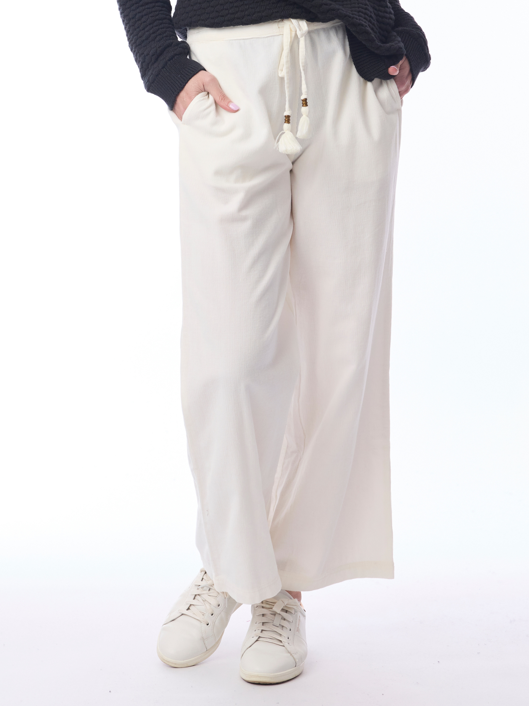 Orientique 2697 Cord Solid Wide Leg Pant with tie waist, full-length leg and soft textured finish