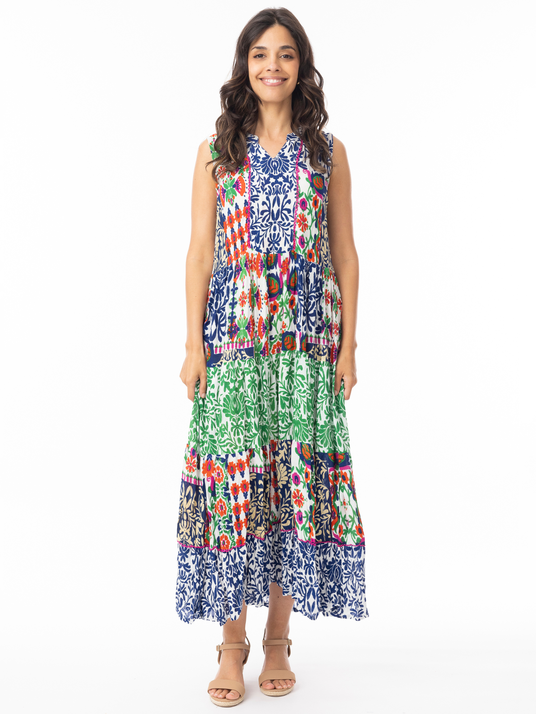 Orientique 30211 Buzios Round Neck Dress printed sleeveless maxi dress with round neckline and tiered skirt.