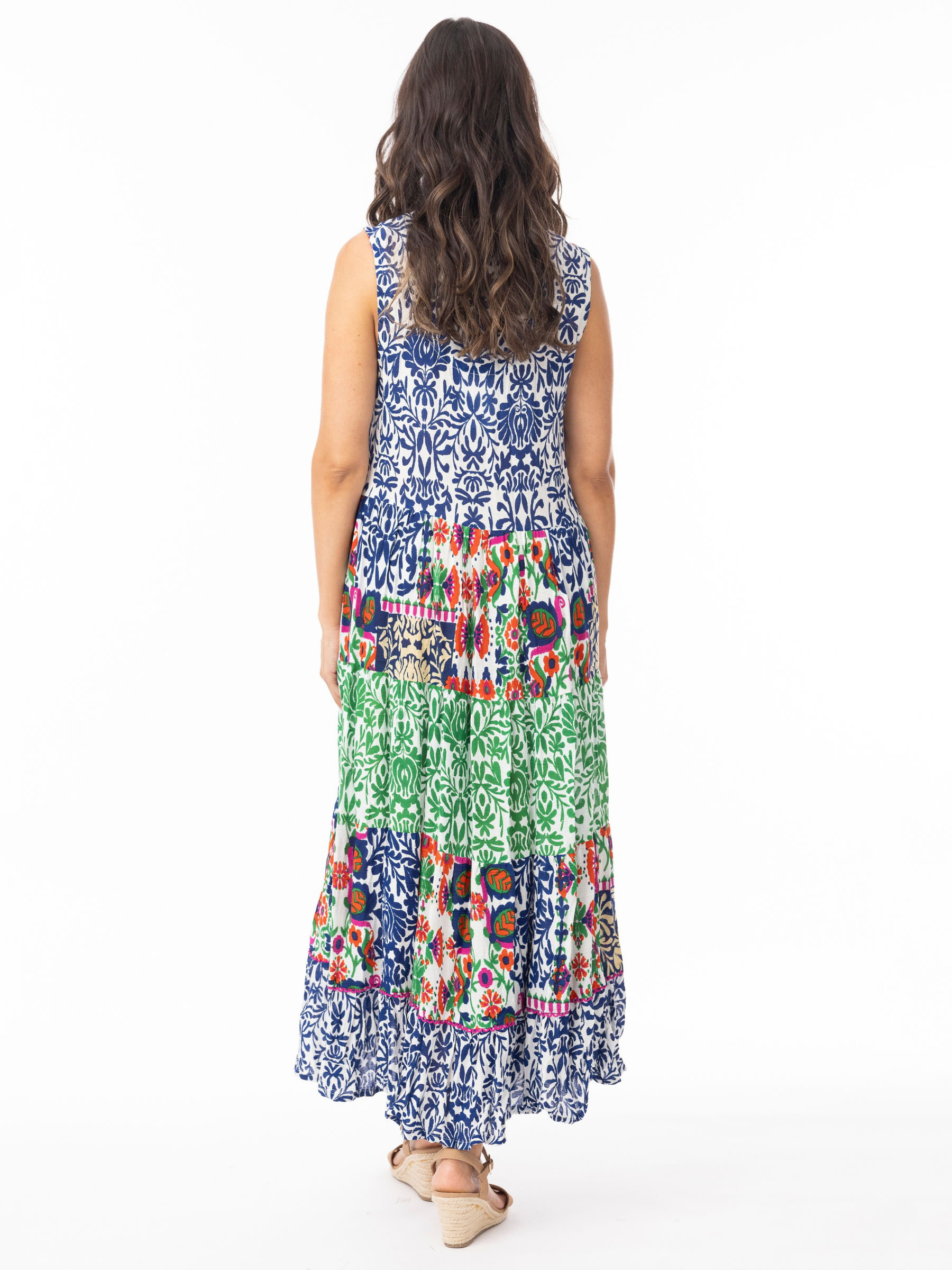 Orientique 30211 Buzios Round Neck Dress printed sleeveless maxi dress with round neckline and tiered skirt.