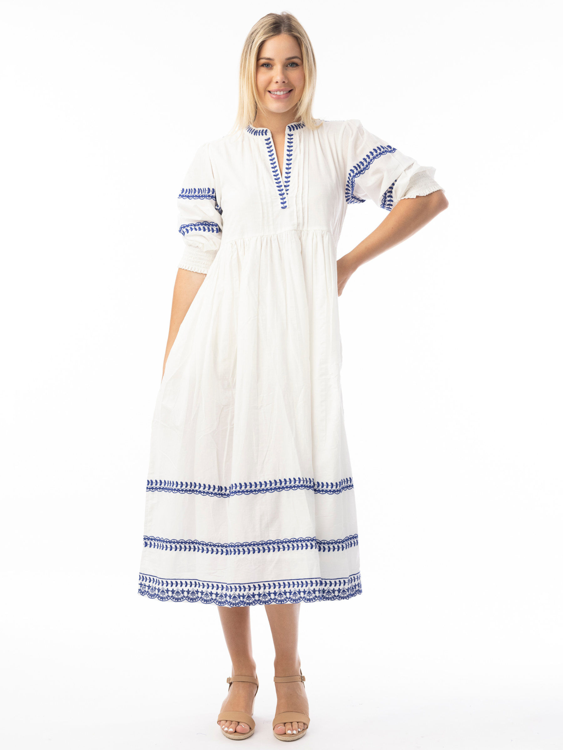 Orientique 30220 Embroidered Essentials Dress midi dress with embroidery, V-notch neckline and three-quarter sleeves.