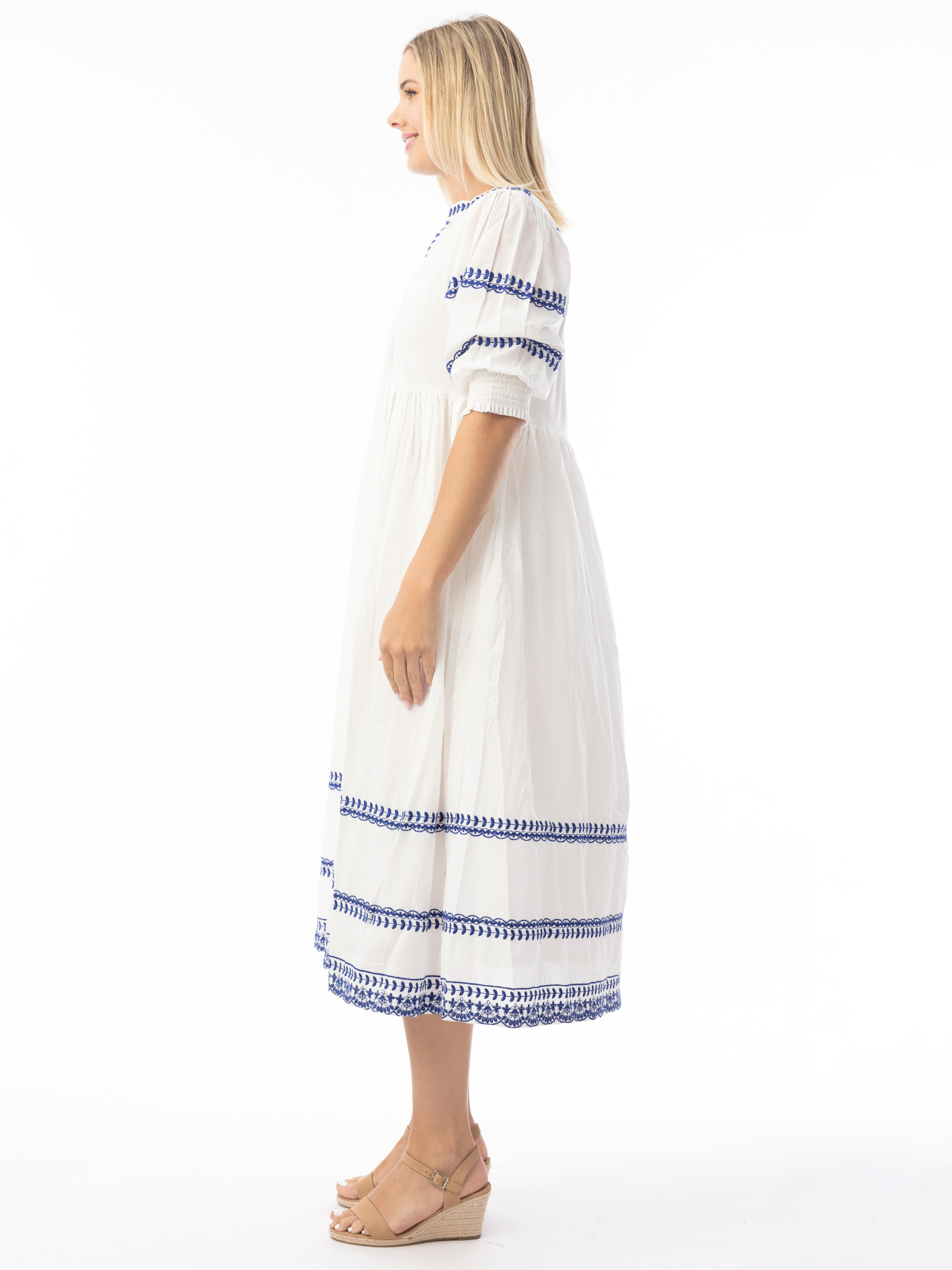 Orientique 30220 Embroidered Essentials Dress midi dress with embroidery, V-notch neckline and three-quarter sleeves.