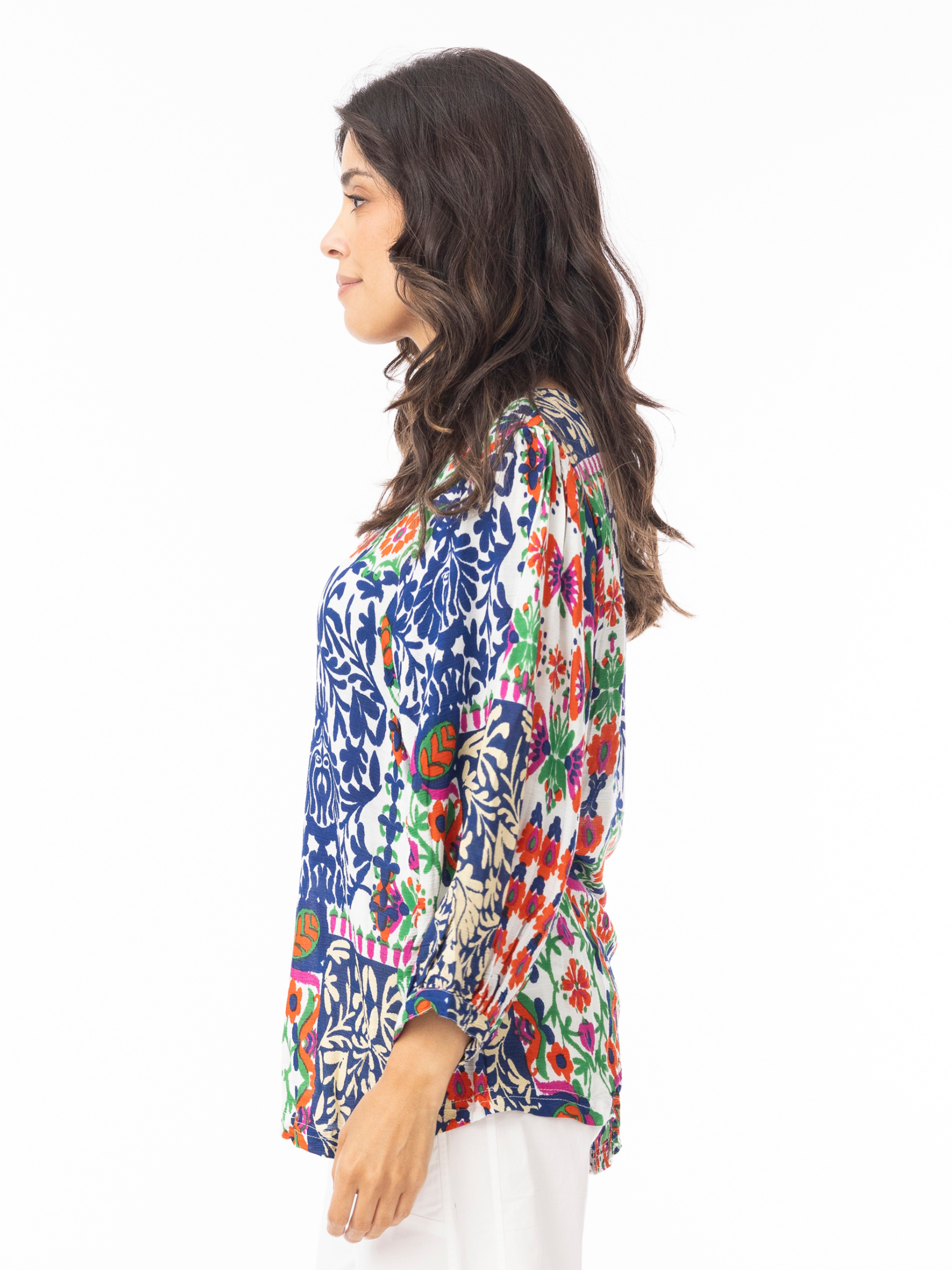Orientique 32451 Buzios Top relaxed-fit printed top with scoop neckline and long sleeves.