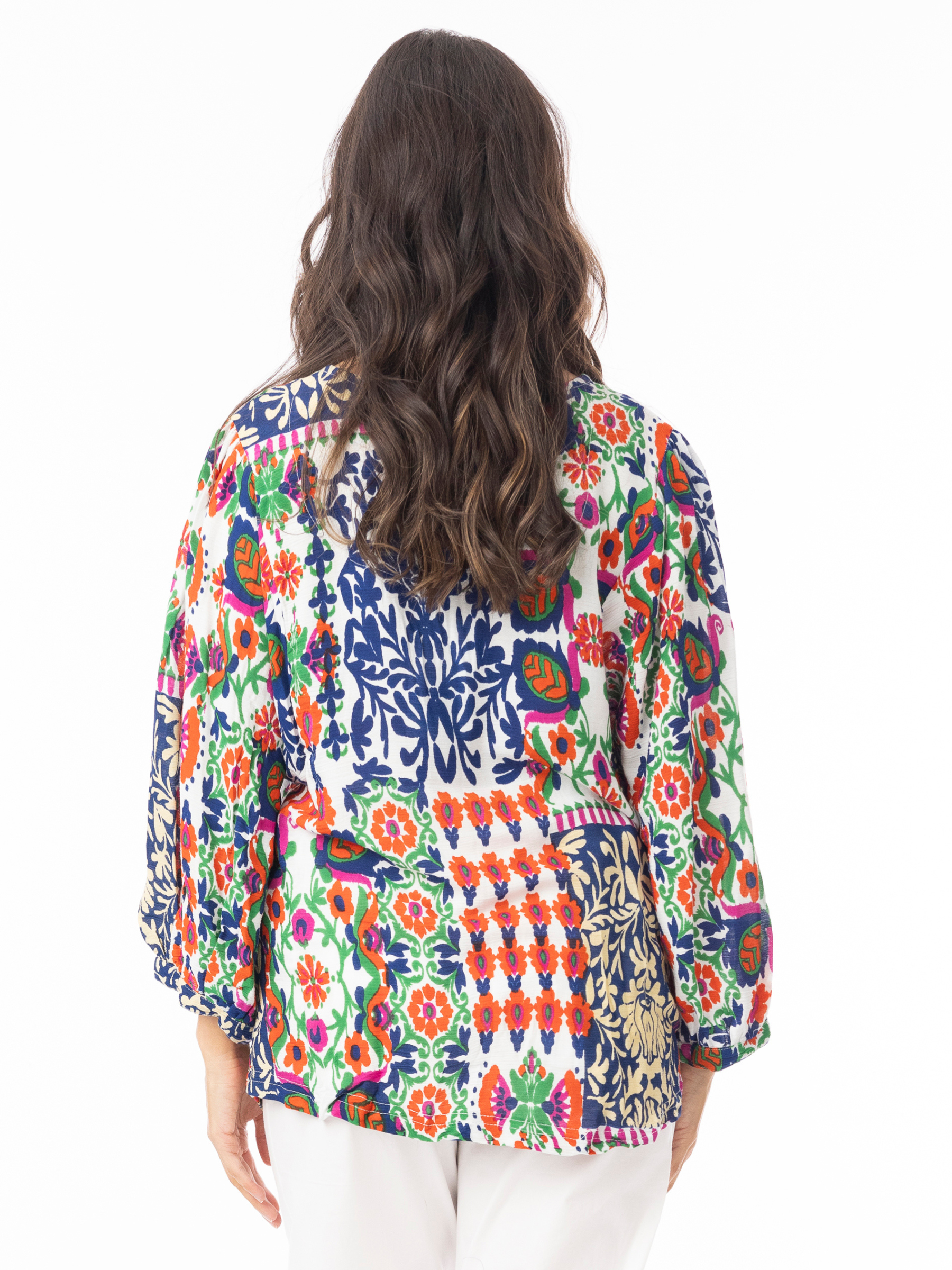 Orientique 32451 Buzios Top relaxed-fit printed top with scoop neckline and long sleeves.