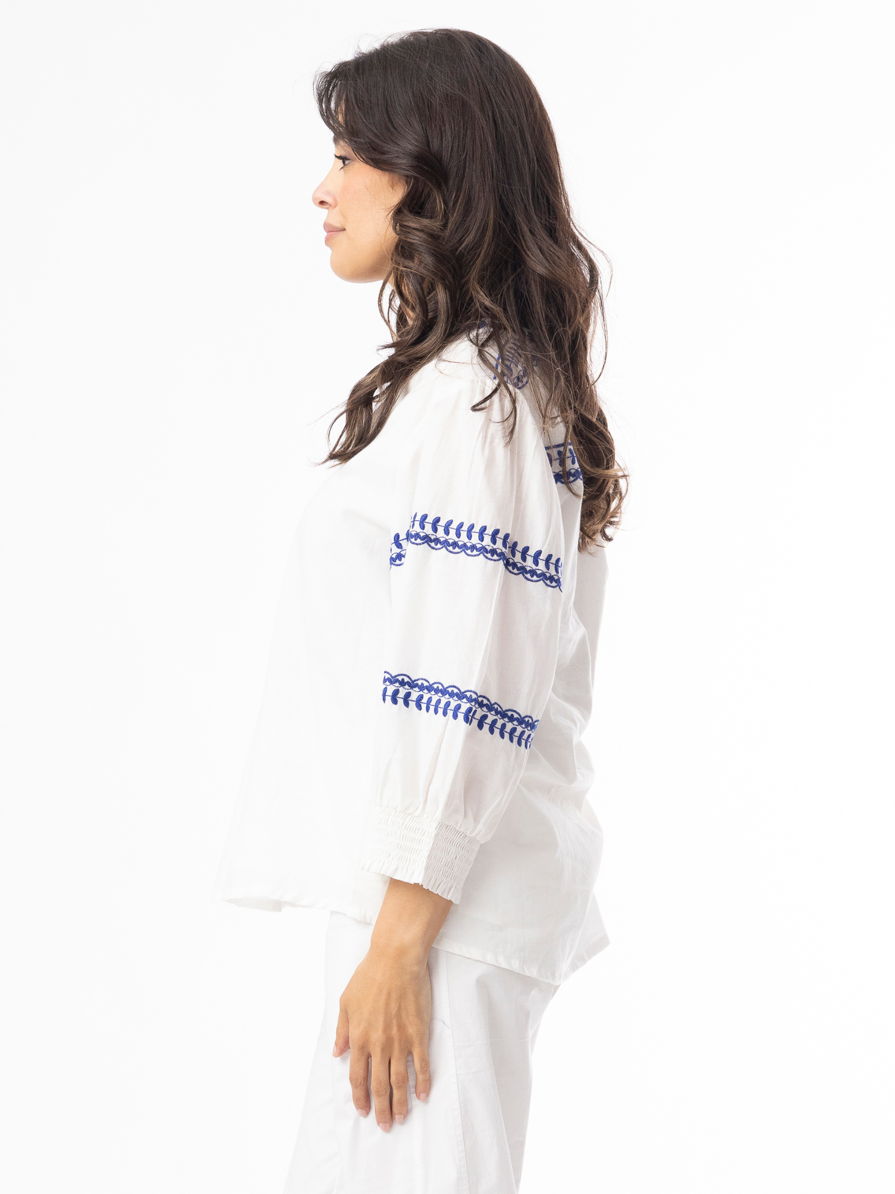 Orientique 32456 Embroidered Essentials Top relaxed-fit top with V-notch neckline, three-quarter sleeves and embroidered detailing.