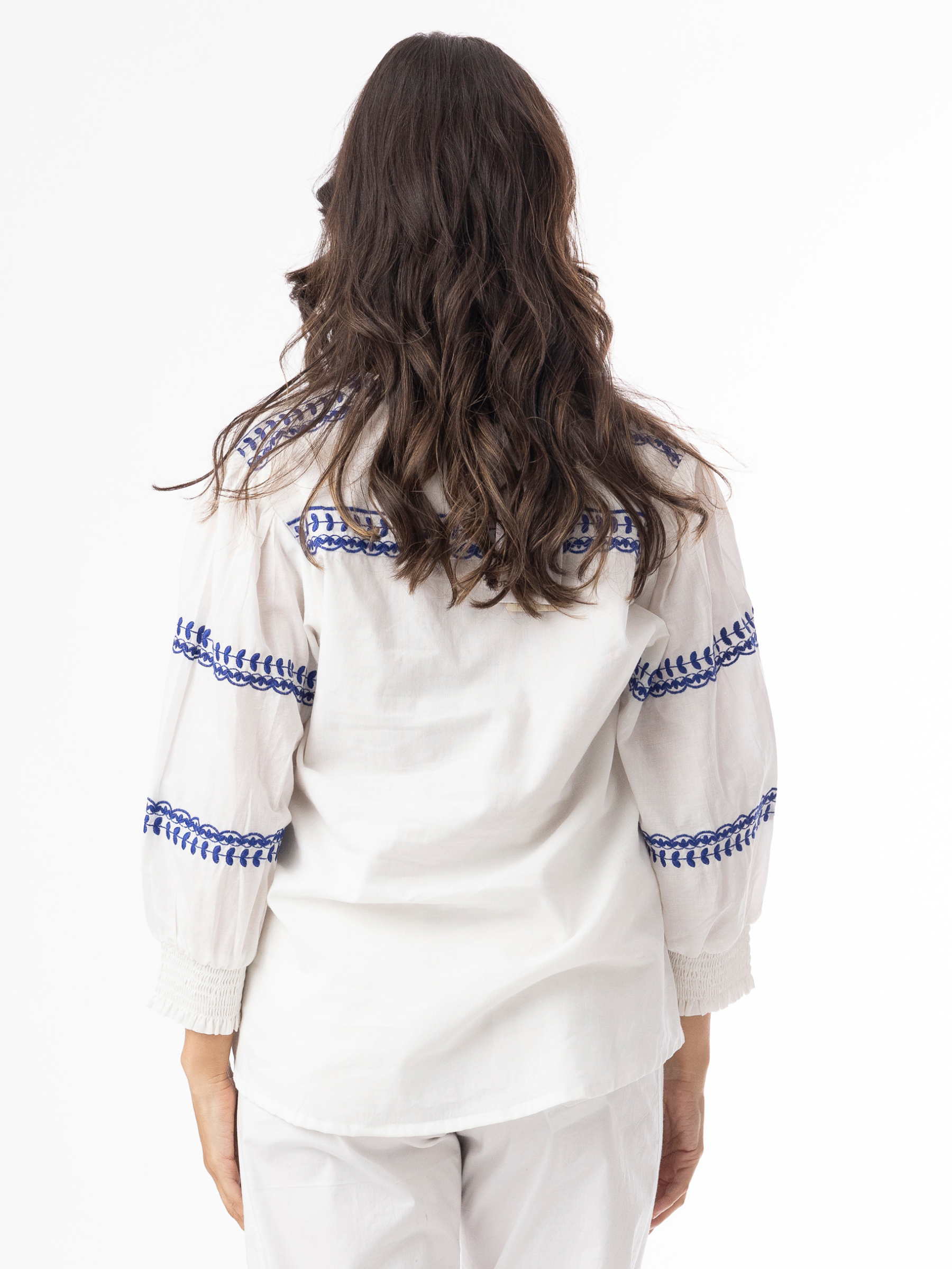 Orientique 32456 Embroidered Essentials Top relaxed-fit top with V-notch neckline, three-quarter sleeves and embroidered detailing.