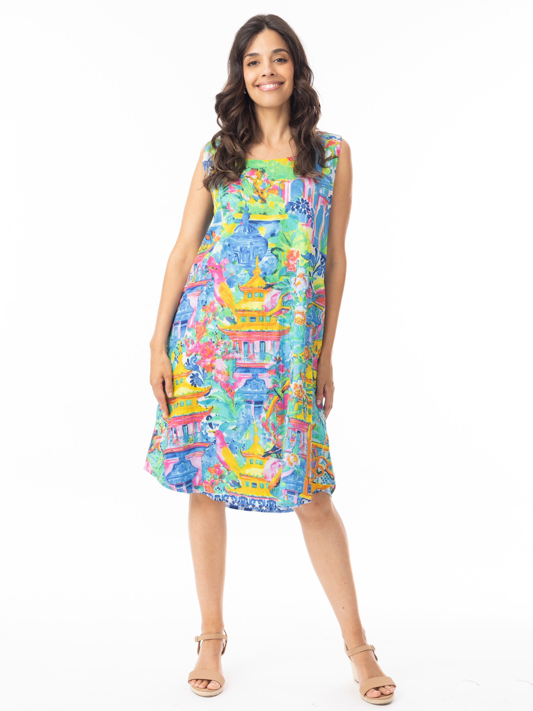 Orientique 40186 Okayama Dress women’s reversible sleeveless summer shift dress with knee-length relaxed silhouette and dual print design.
