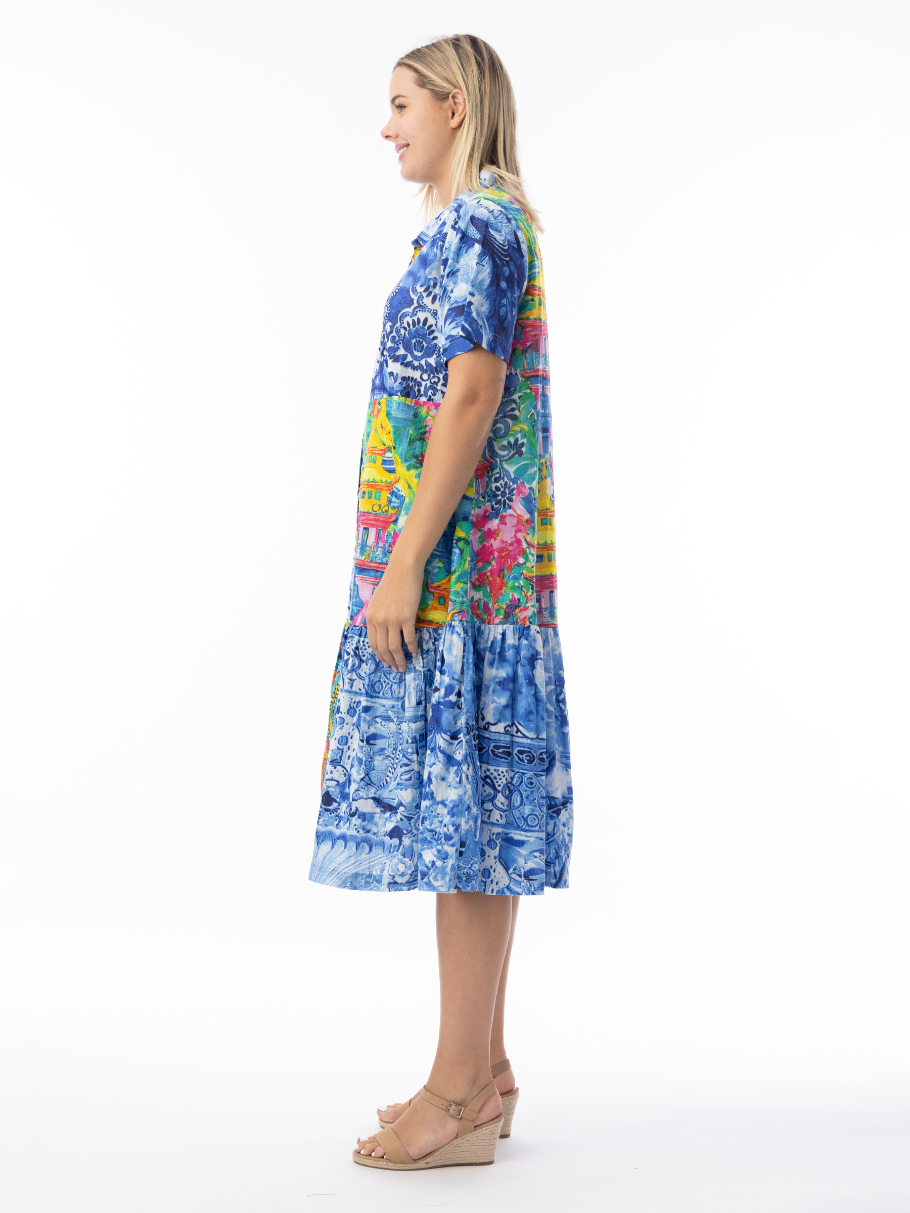 Orientique 40190 Okayama Patch Collar Dress printed knee-length shirt dress with patch collar, button-through front and short sleeves.