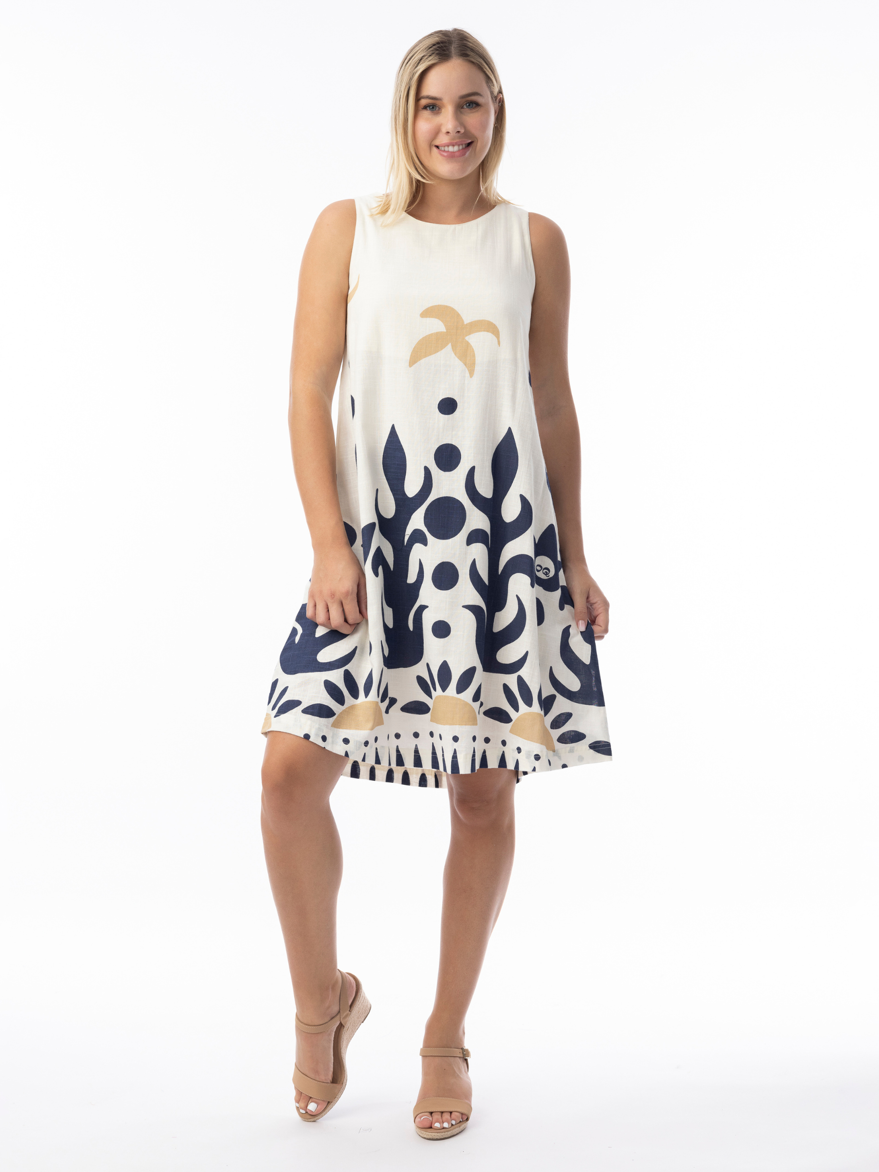 Orientique 40193 Nazca Dress sleeveless dress with round neckline and flared silhouette featuring bold placement print.