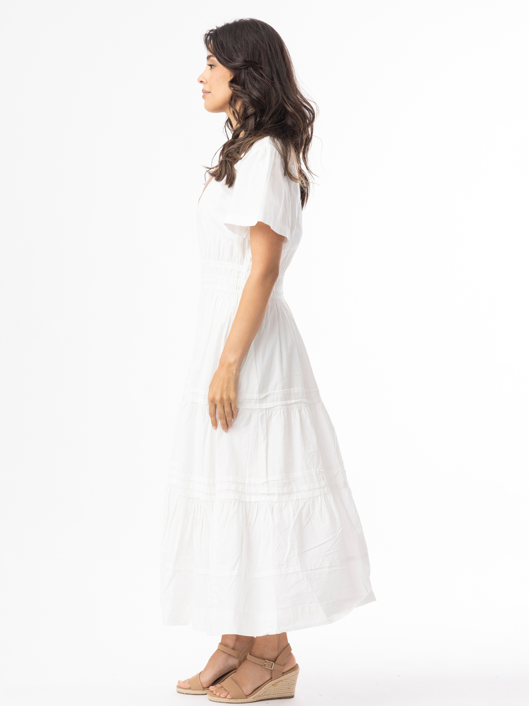 Orientique 40242 Poplin Essentials Maxi Dress women’s tiered maxi summer dress with short sleeves, elasticated waist and V-notch neckline.