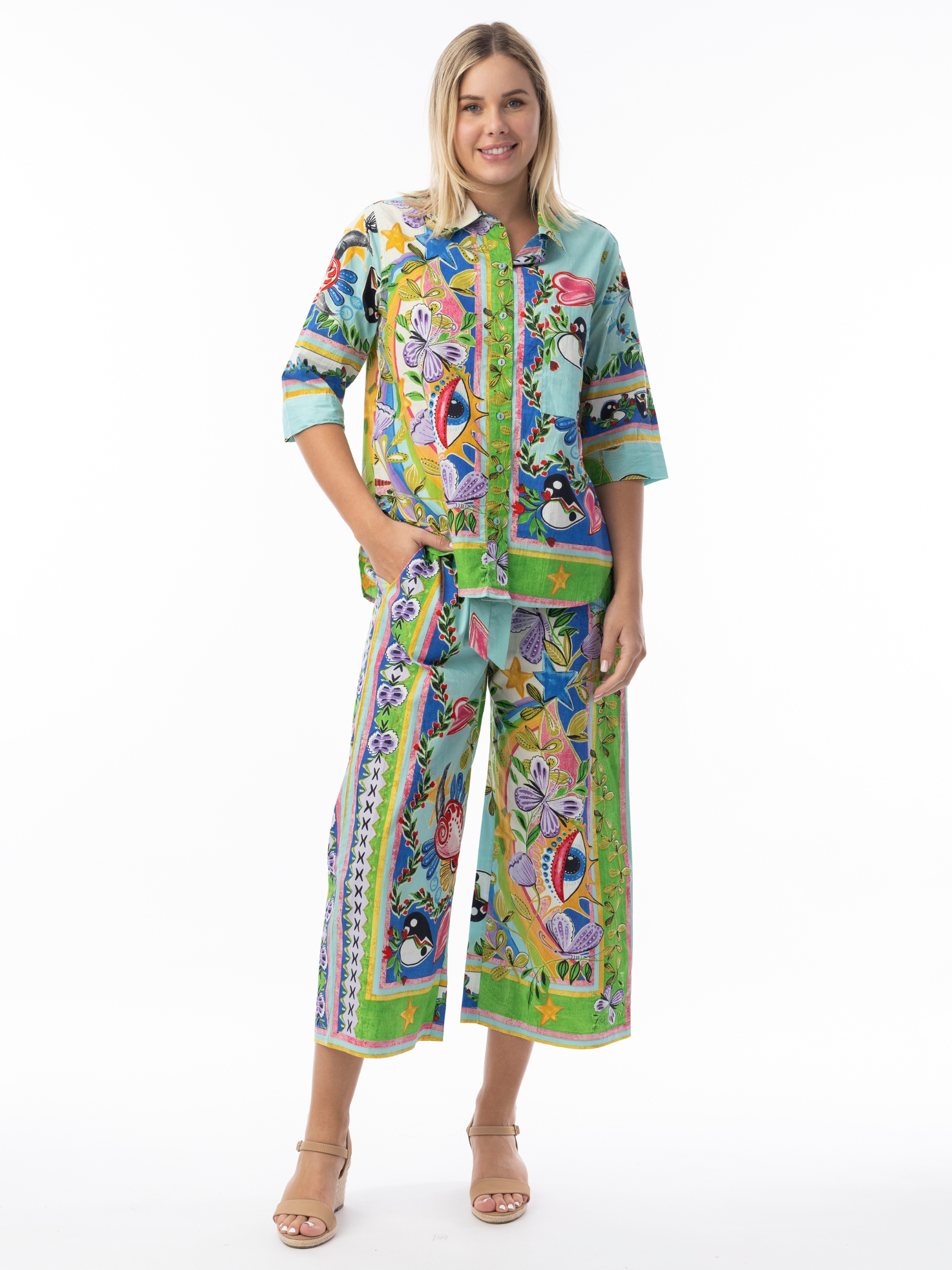 Orientique 42174 Sante Fe Top button-through printed top with collar and three-quarter sleeves.