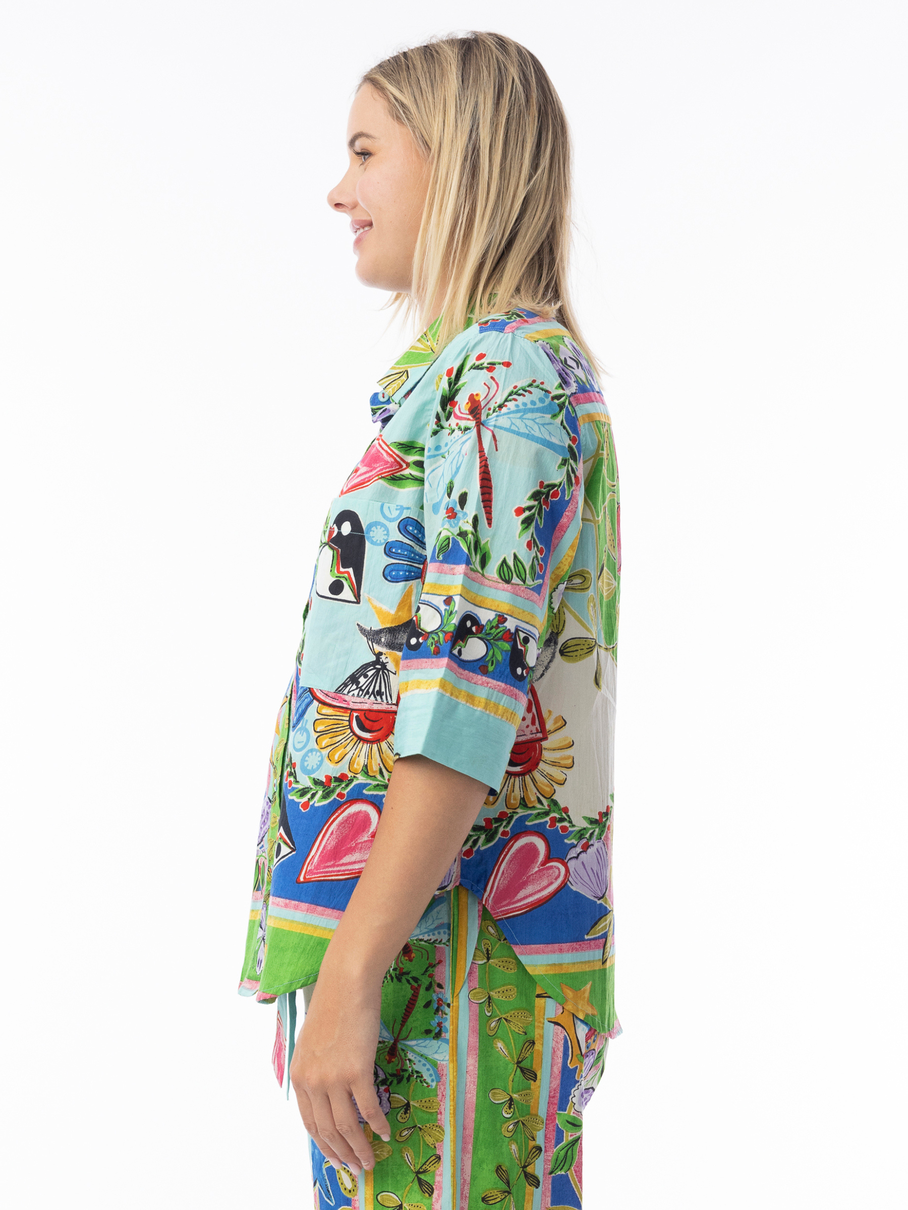 Orientique 42174 Sante Fe Top button-through printed top with collar and three-quarter sleeves.