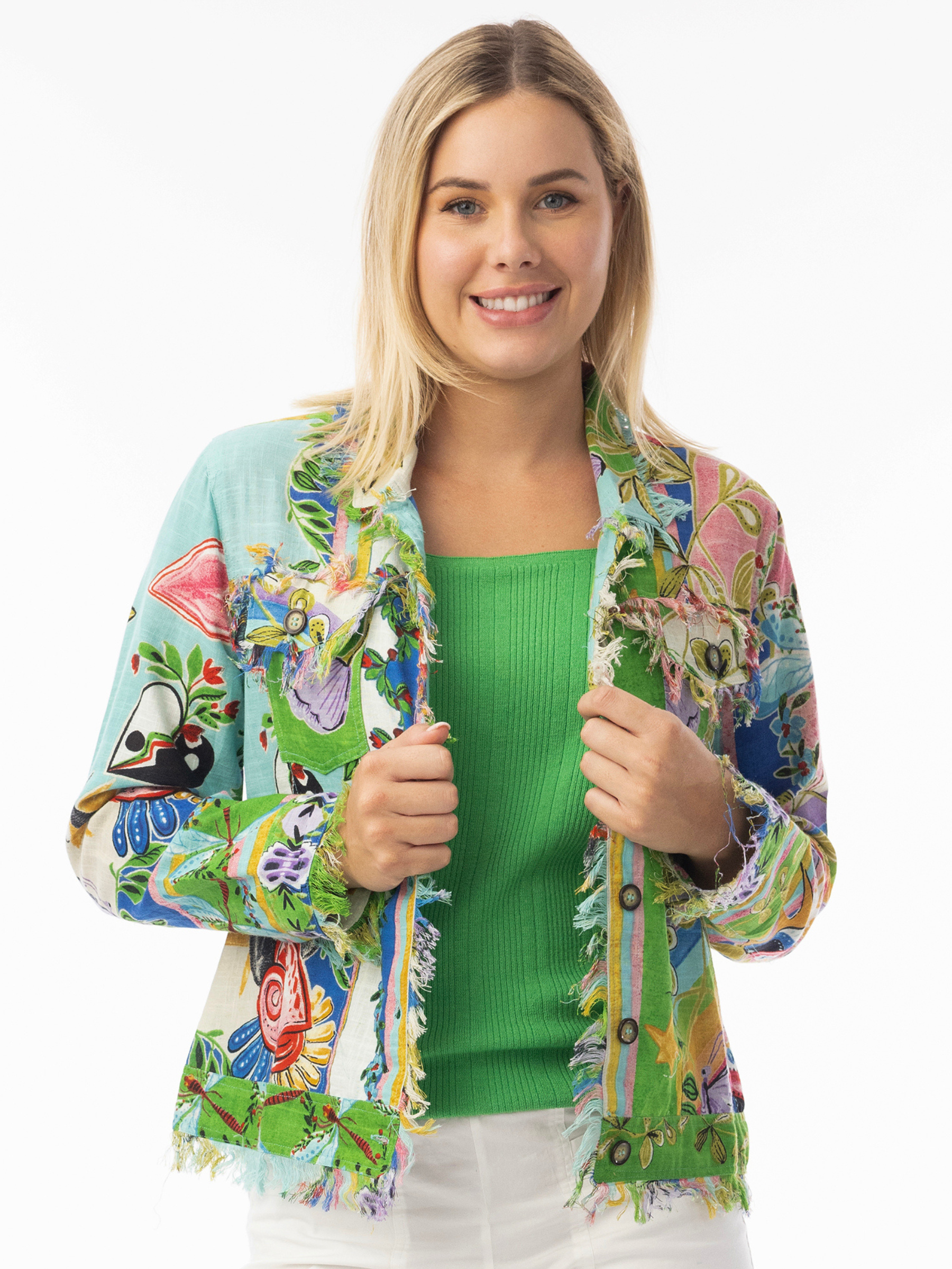 Orientique 42175 Sante Fe Jacket printed button-through jacket with collar, patch pockets and raw edge trim.