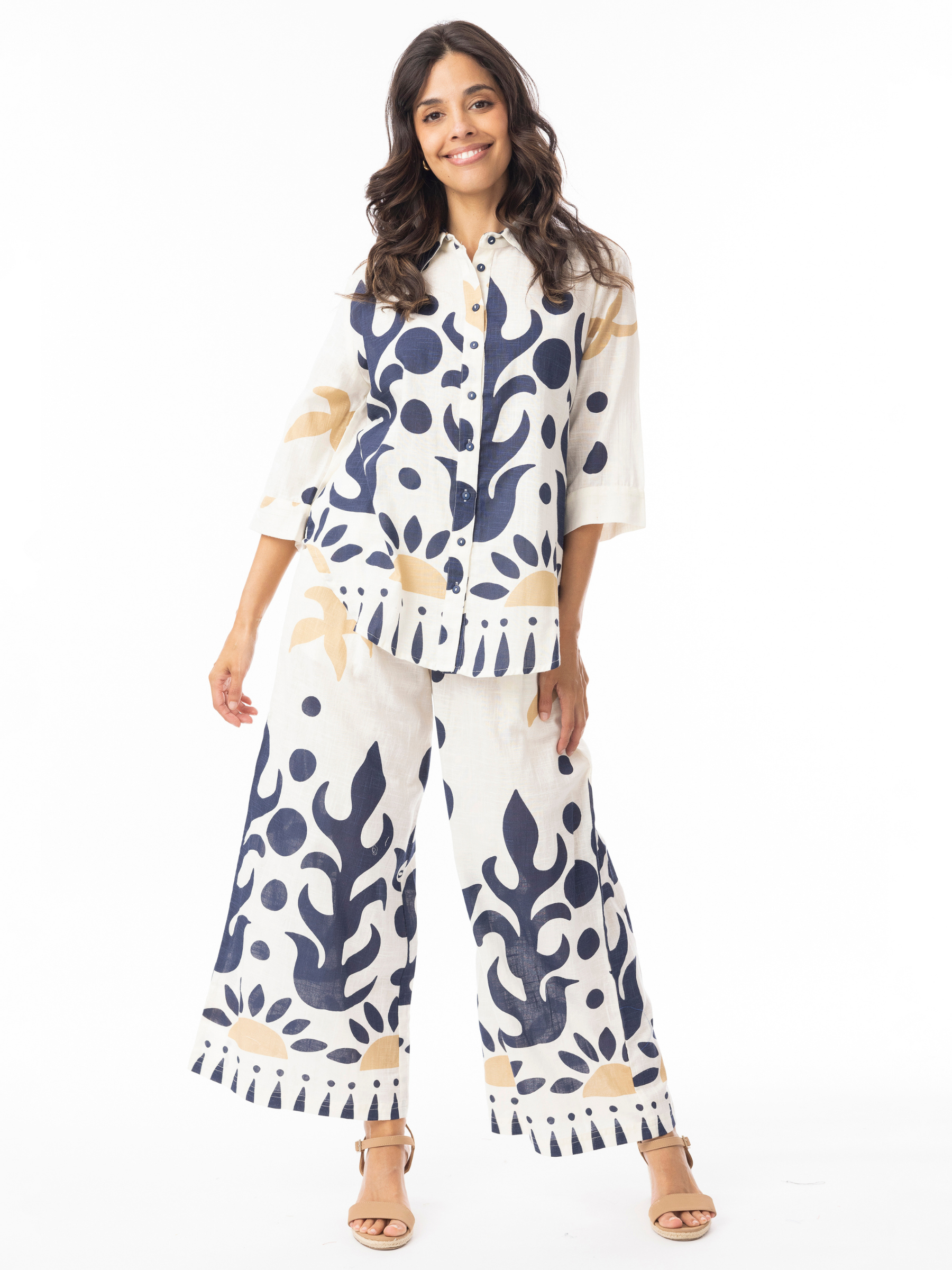 Orientique 42190 Nazca Top button-through printed top with collar, three-quarter sleeves and relaxed silhouette.