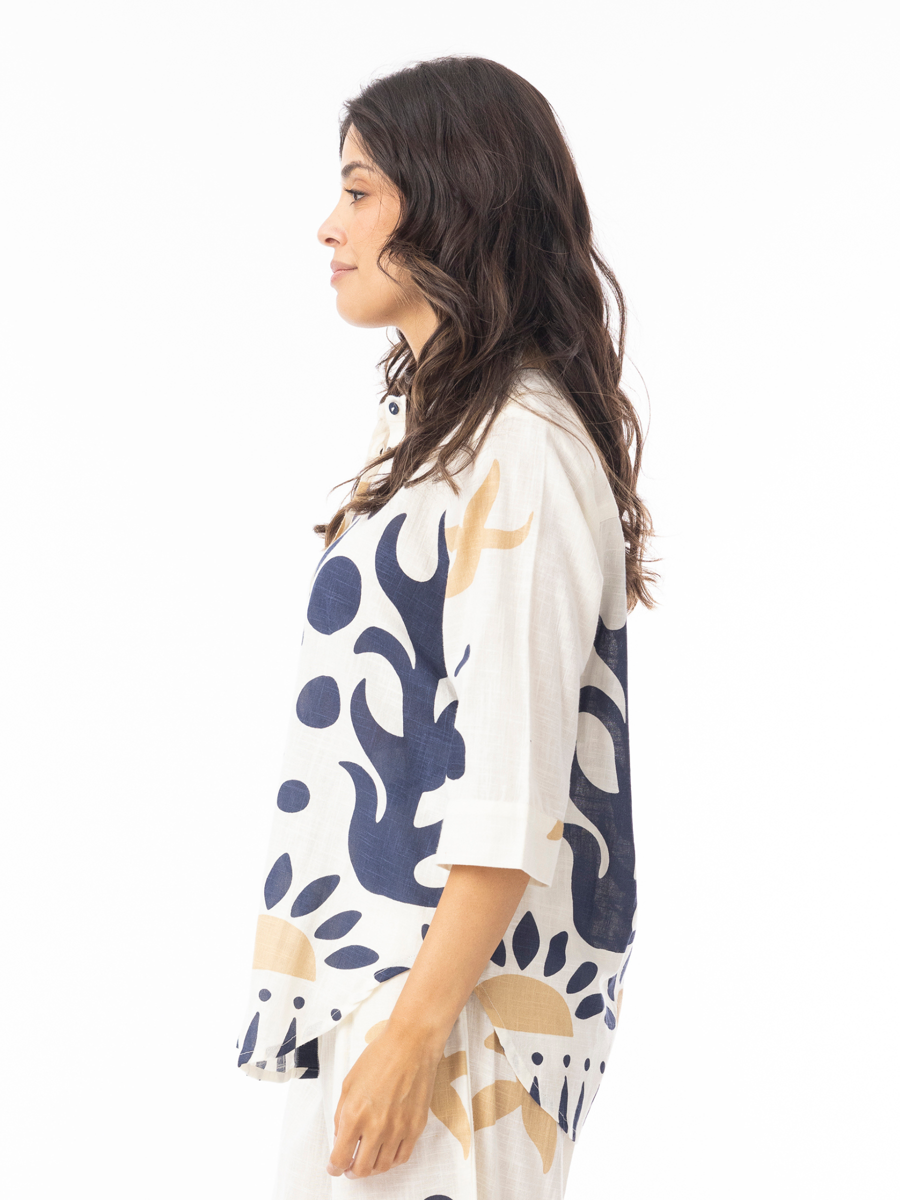 Orientique 42190 Nazca Top button-through printed top with collar, three-quarter sleeves and relaxed silhouette.