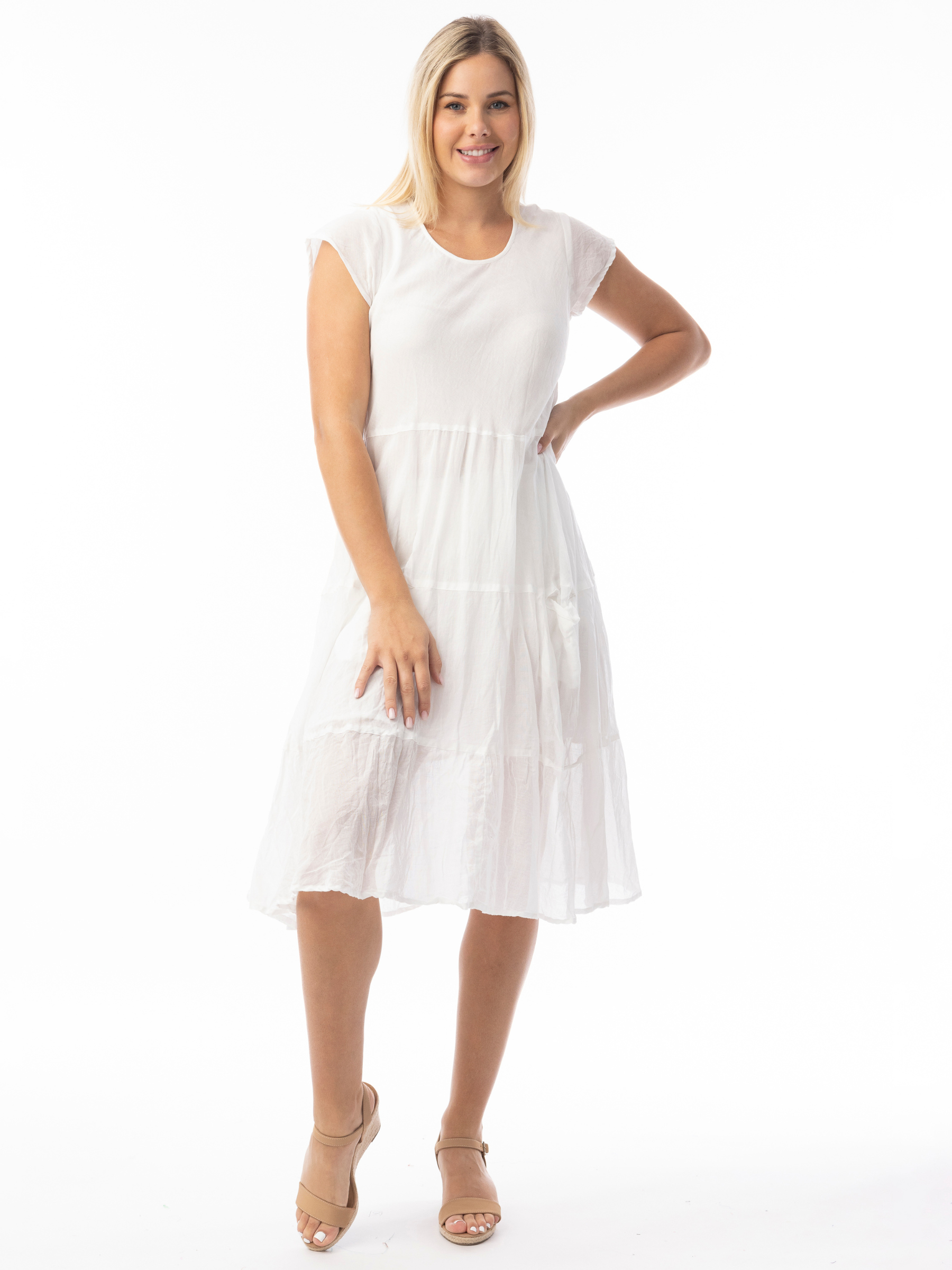 Orientique 51905 Gauze Essentials Dress relaxed-fit midi dress with short sleeves, round neckline and tiered flowing skirt.